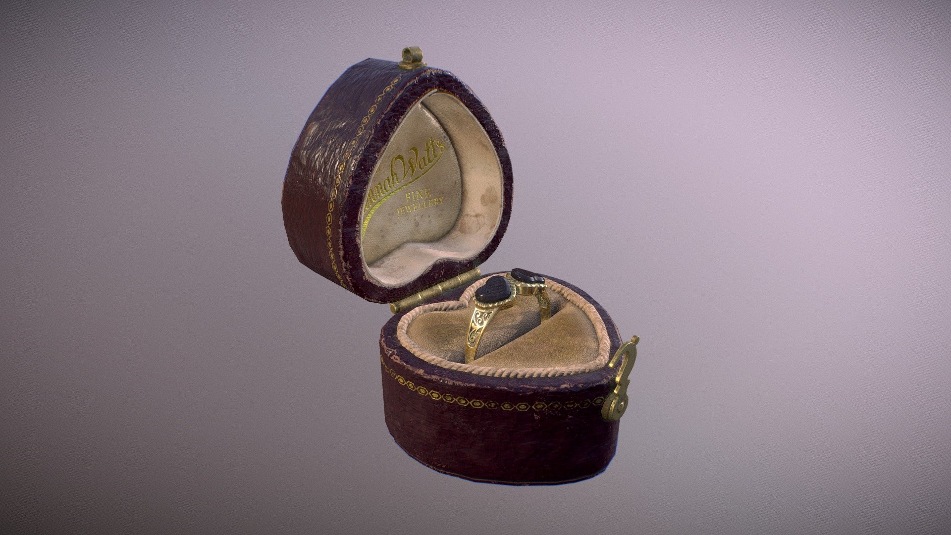 An old, antique ring box - based on existing ones from the 19th century. Complete with a black onyx ring and my own personal, branded touch 3d model