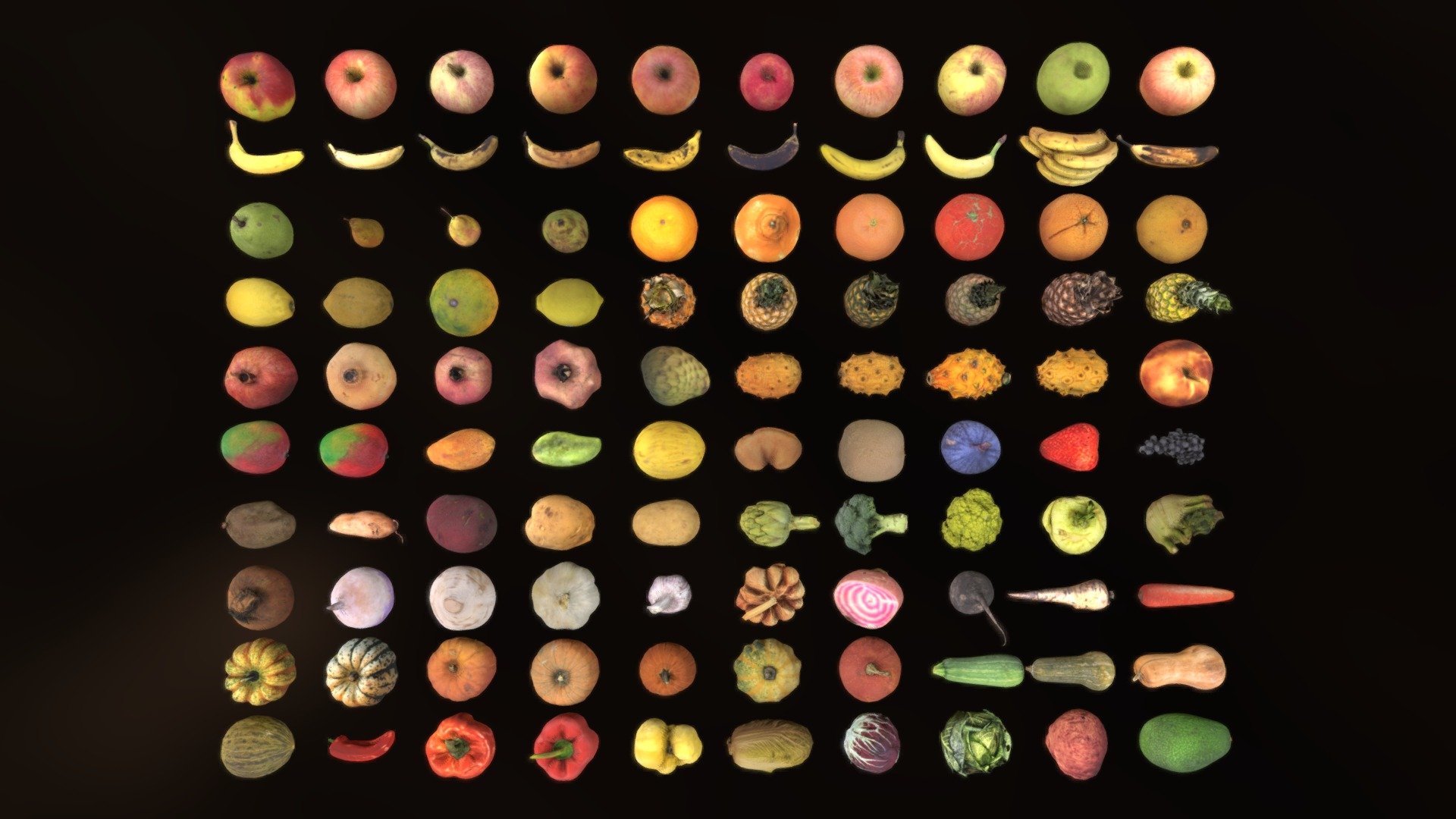 A collection of lowpoly scanned fruits and vegetables, ready to use in game engines, as particles or for optimized renders. Comes with a demo!

Each model is made of ~1000 triangles, and 1024px albedo and normal maps (jpg).

Original scans from @fredfroehlich @seijik42 @linkfredriksson @yonemoto.taiga @xfanta @BSlegt @tux @parallelo.d @daniel132 @chytamrealitu @all_scan_everything @NestorMarques @nick_wiggins @arqus3d @aquateknica @nate_sid @marcovolino @nedo @nebulousflynn @james @calidos @mantasT @cimtech @semblance @3dhdscan @abbyec @gavez @simonspata @jledergerber @Duplicate3d @mauricesvay @curiofawkstrawt @myscan @Madman05 @sheepfilms @xiezhong @epipolar @ken.varner @gregoryarbit @Reductio @jtuhtan @czheiko @scansource3d @animator12 @vibrantnebula @rigsters @tscheer @etatech3d @nunommf @corralsanti @topfrank2013 @khoi3d @carlosfaustino @mik1190 @LittleNinja @moonsoon @gbrlmenchen @ronjart @fablabpr @afinia3dprint @s.eienberger @mark.energy @digitizedesigns @kraskod @aellis43 - Lowpoly Fruits & Vegetables - Download Free 3D model by Loïc Norgeot (@norgeotloic) 3d model