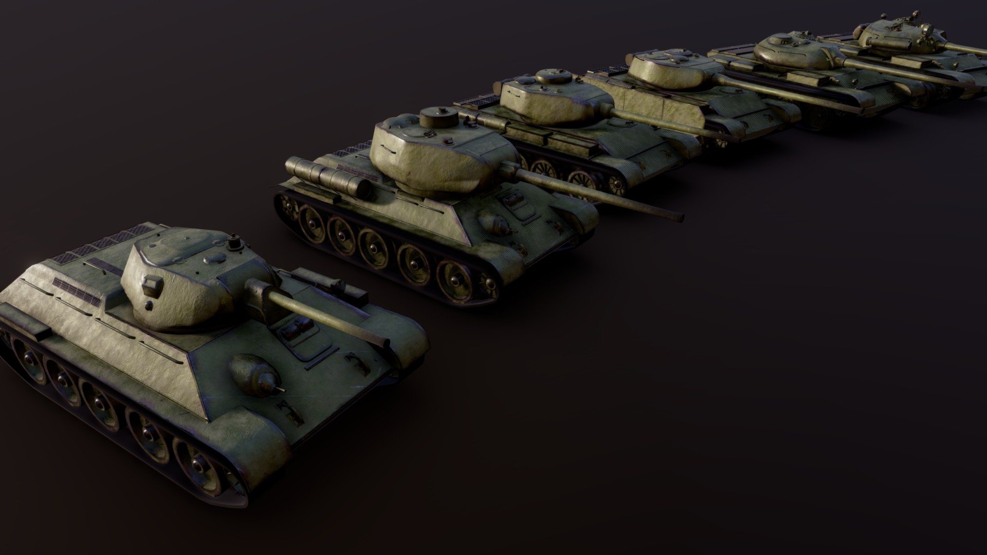 T-34, T-34-85, T-44, T-44-100, T-54, T-55A

Tool used : Blender, Substance 3D Painter, Photoshop
Referred to games World of Tank and WarThunder - Soviet Medium Tanks - Download Free 3D model by snrnsrk5 3d model