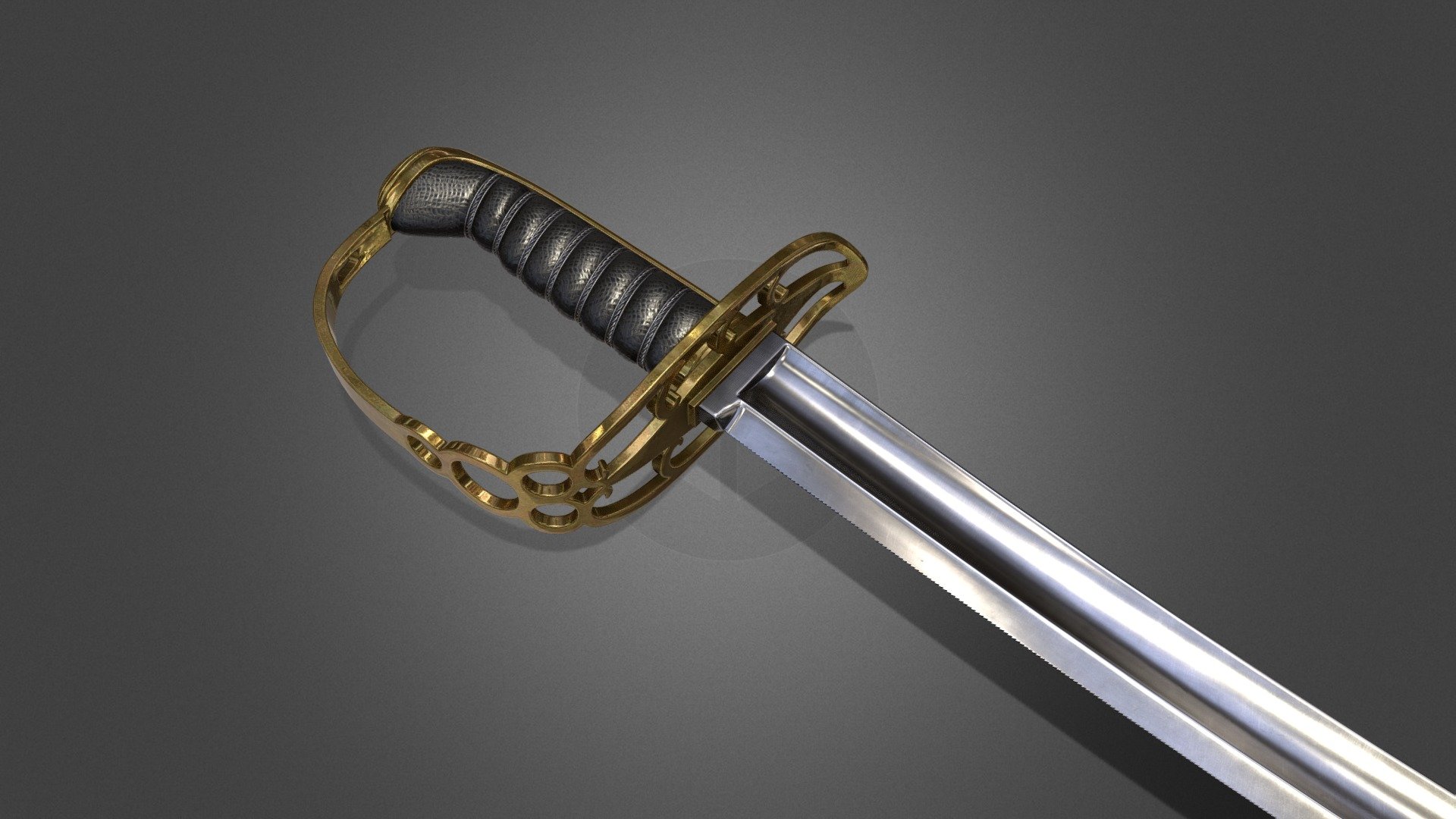 Model of the iconic slot hilt sabre. With 80cm length, the blade features a fearsome broad fuller and very aggressive distal taper(reduction in thickness). It tapers from 8mm at the base to half of that in less than 1/3 to the tip. The top 1/3 area are less than 2mm, giving the sword excellent handling despite its width. 

Such officer's sword would usually have its grip wrapped in fish skin and metal wires. A metal sheet is also present to cover the back of the grip for durability, though it can sometimes be slippery. 

Traditionally, the guard was cast in brass, hence the gold look. Brass is soft, so people also ordered steel guards that gilded in brass to match the regulation 3d model