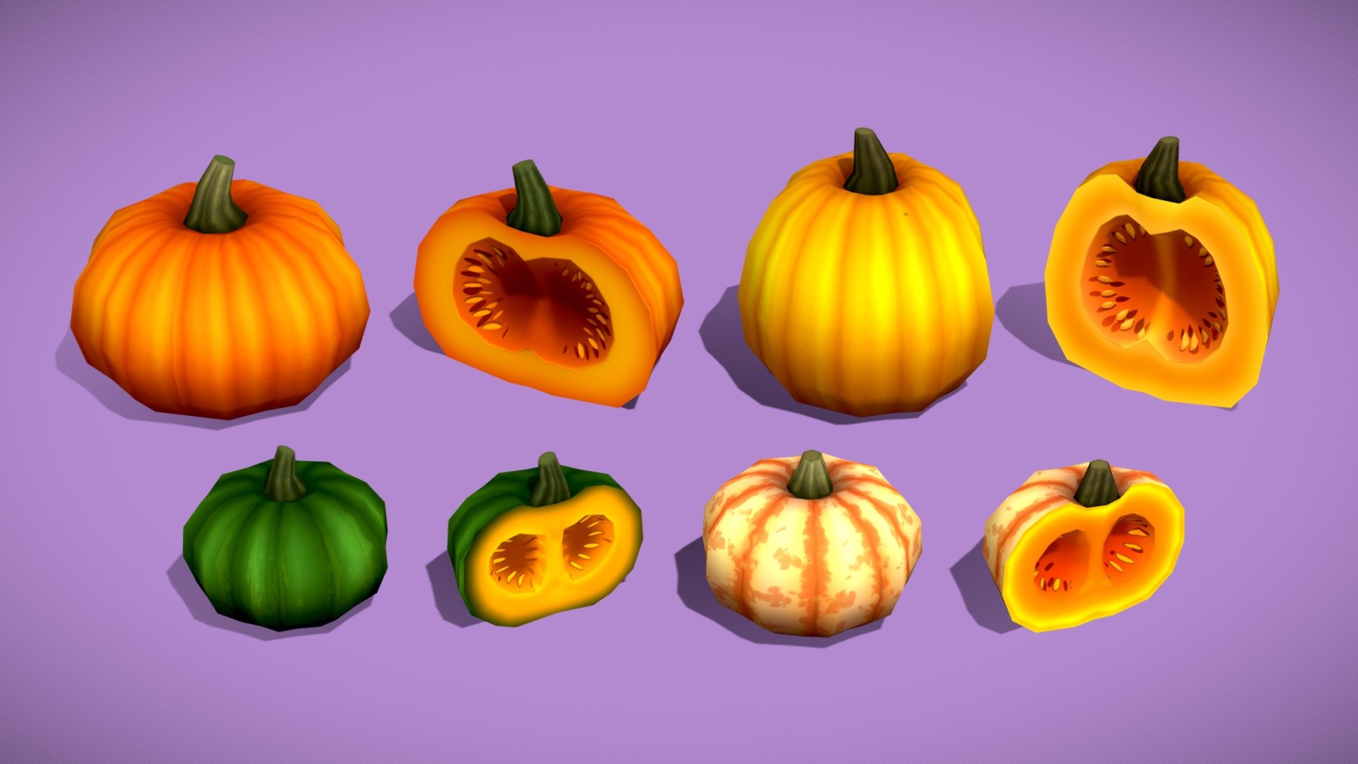 Low-poly colorful pumpkins, handpainted and hand picked!




Four different pumpkin types and their cut versions

1024x1024 diffuse texture maps - works both lit and unlit 

Low-poly and handpainted - perfect for mobile
 - Pumpkins - Buy Royalty Free 3D model by Megan Alcock (@citystreetlight) 3d model