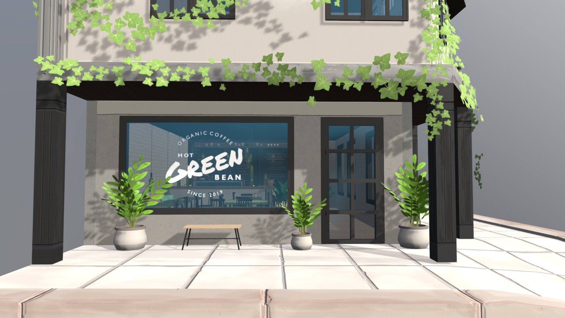 The cafe Hot Green Bean is a vegan and eco-friendly coffee house. It has the main focus of being as eco friendly and green as possible, even if it is in the middle of the city 3d model