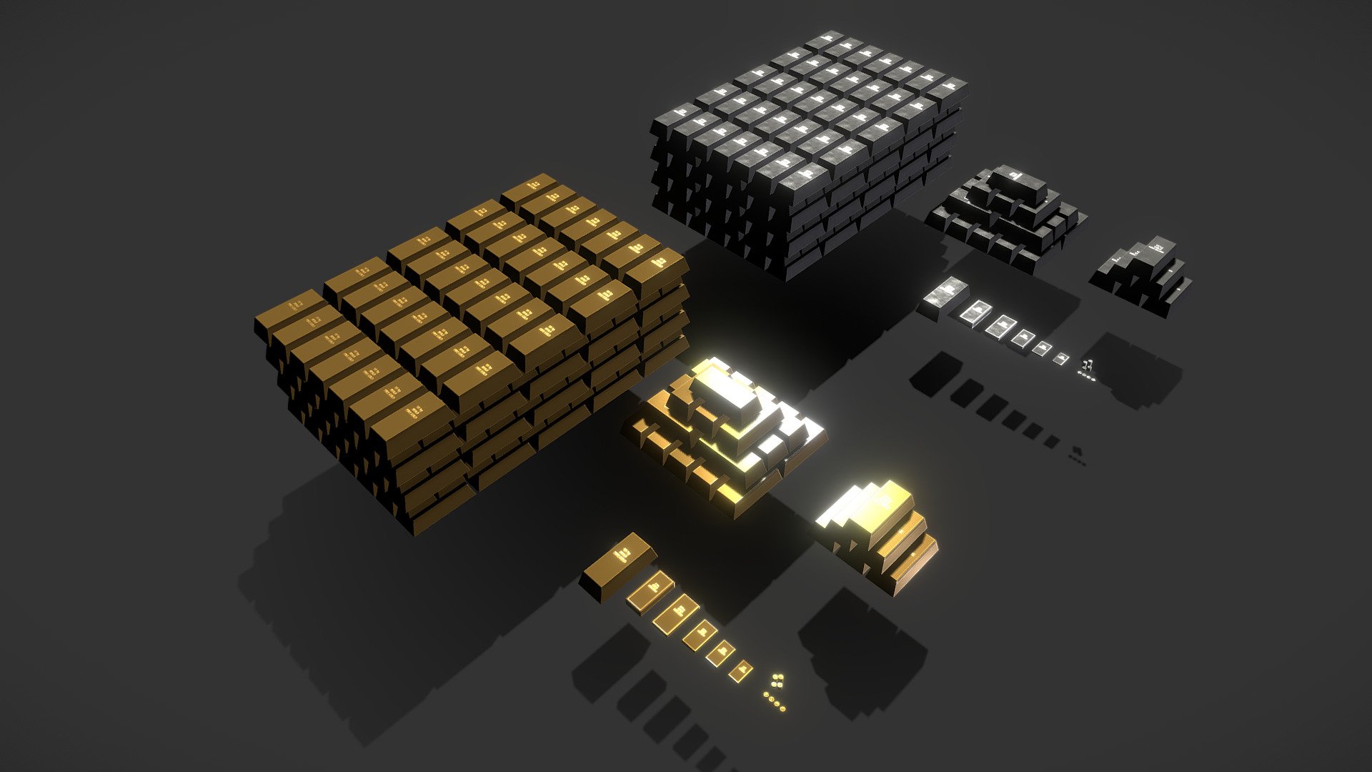 These are models of a low-poly and game-ready gold &amp; silver coins and bars. 

Please note: The textures in the Sketchfab viewer have a reduced resolution to improve Sketchfab loading speed.

**If you have bought this model please make sure to download the “additional file”.  It contains FBX meshes, full resolution textures and the source PSDs with intact layers. ** - Gold & Silver - Buy Royalty Free 3D model by MSGDI 3d model