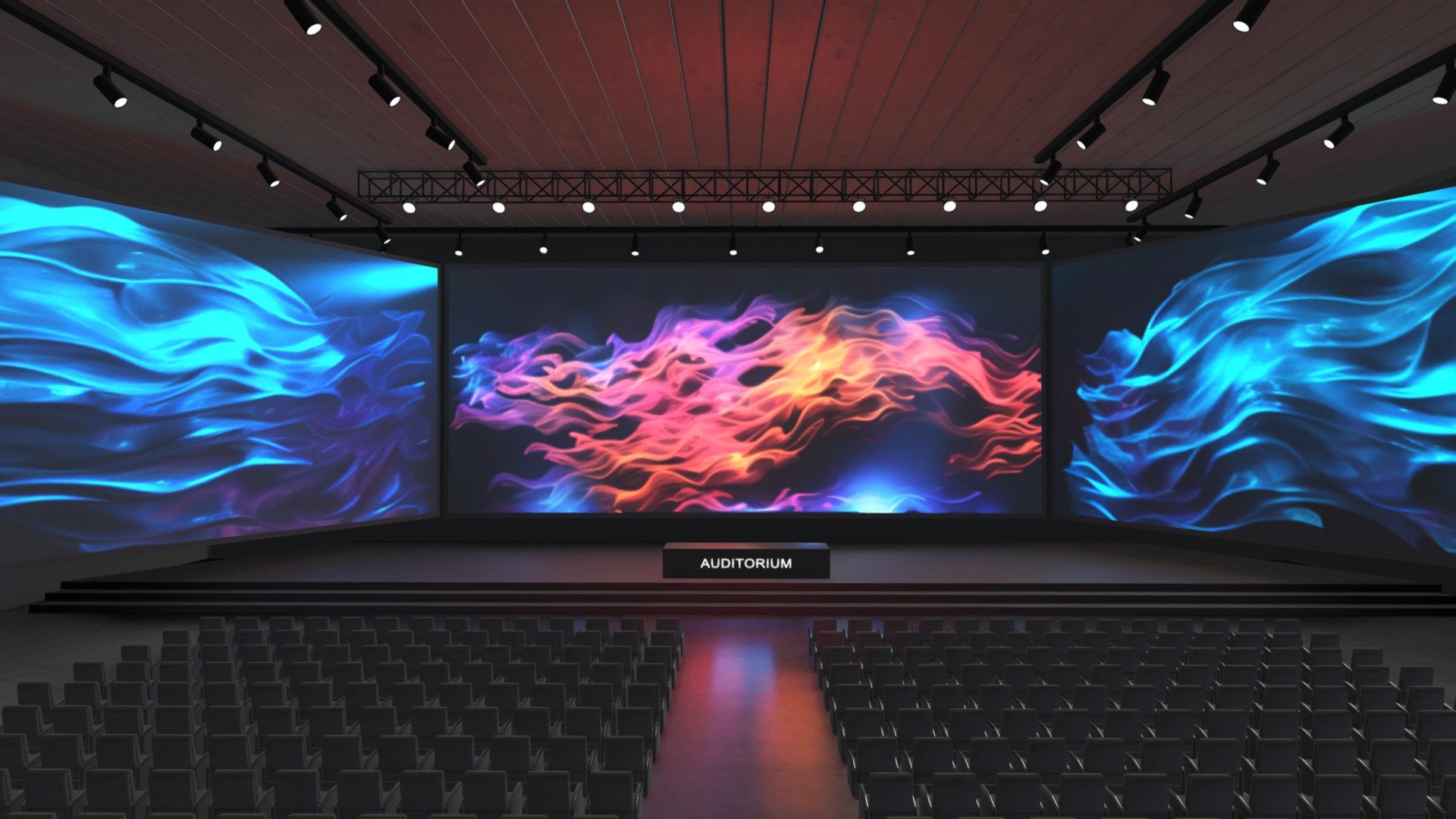 A large stage with giant screens and hundreds of audience seats.
Thre screens are displaying some futuristic chromatic waves, while you could still replace those textures with your own images.

Also, the texture in front of the podium which has the word &ldquo;auditorium
