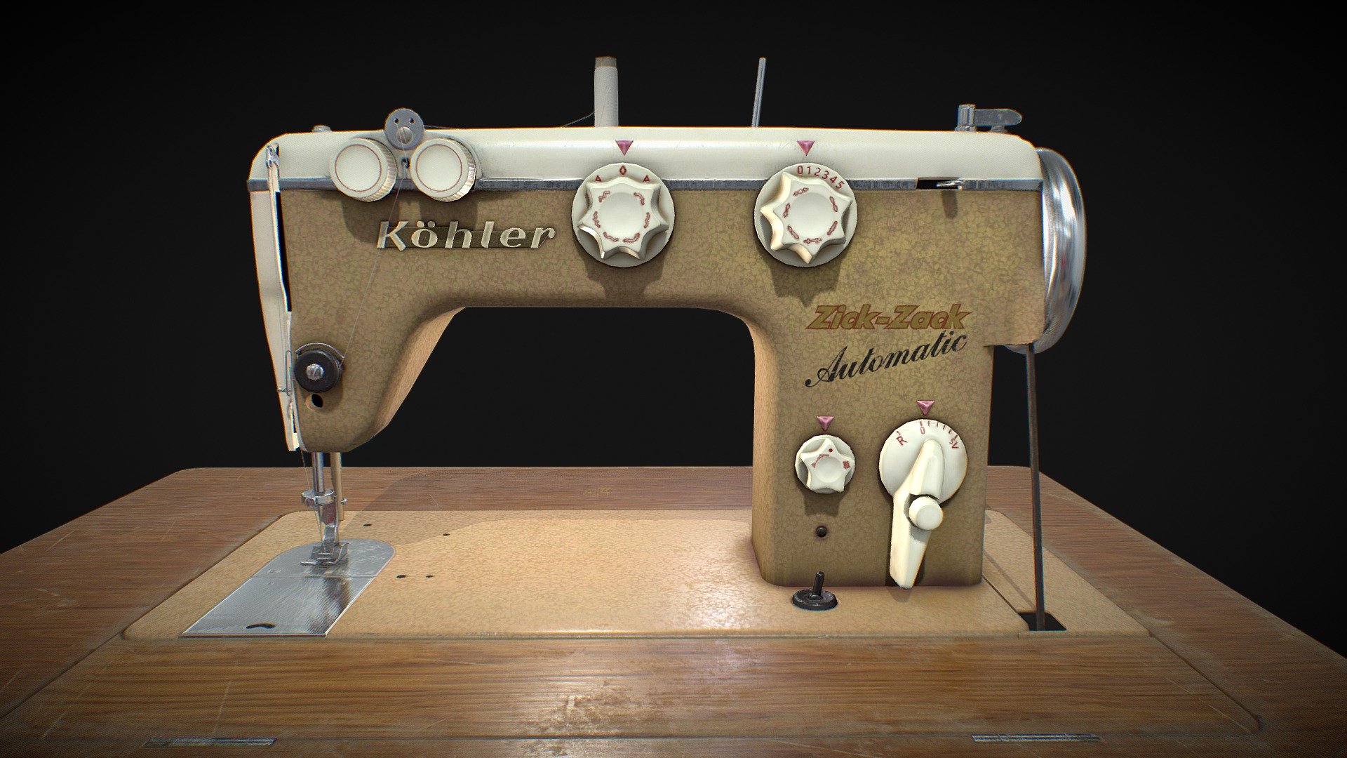 Art Spotlight article in Sketchfab Blog

This is a vintage sewing machine from 1960s standing at my living room. My grandma sewed clothes on it, and it is still working!
I like the complexicity of its materials and great design of shapes that reminds of old 60s cars.
Full scene contains 10.5k triangles and the machine has two texture sets of 4k and 2k PBR maps. As game asset it can be more optimised, but I wanted to give it more detailed look and to practice on complex surfaces, like grainy paint.
Model textured with Substance Painter.

 - Kӧhler Zick- Zack Automatic Sewing Machine - Buy Royalty Free 3D model by Igor Kulikov (@shuntup) 3d model