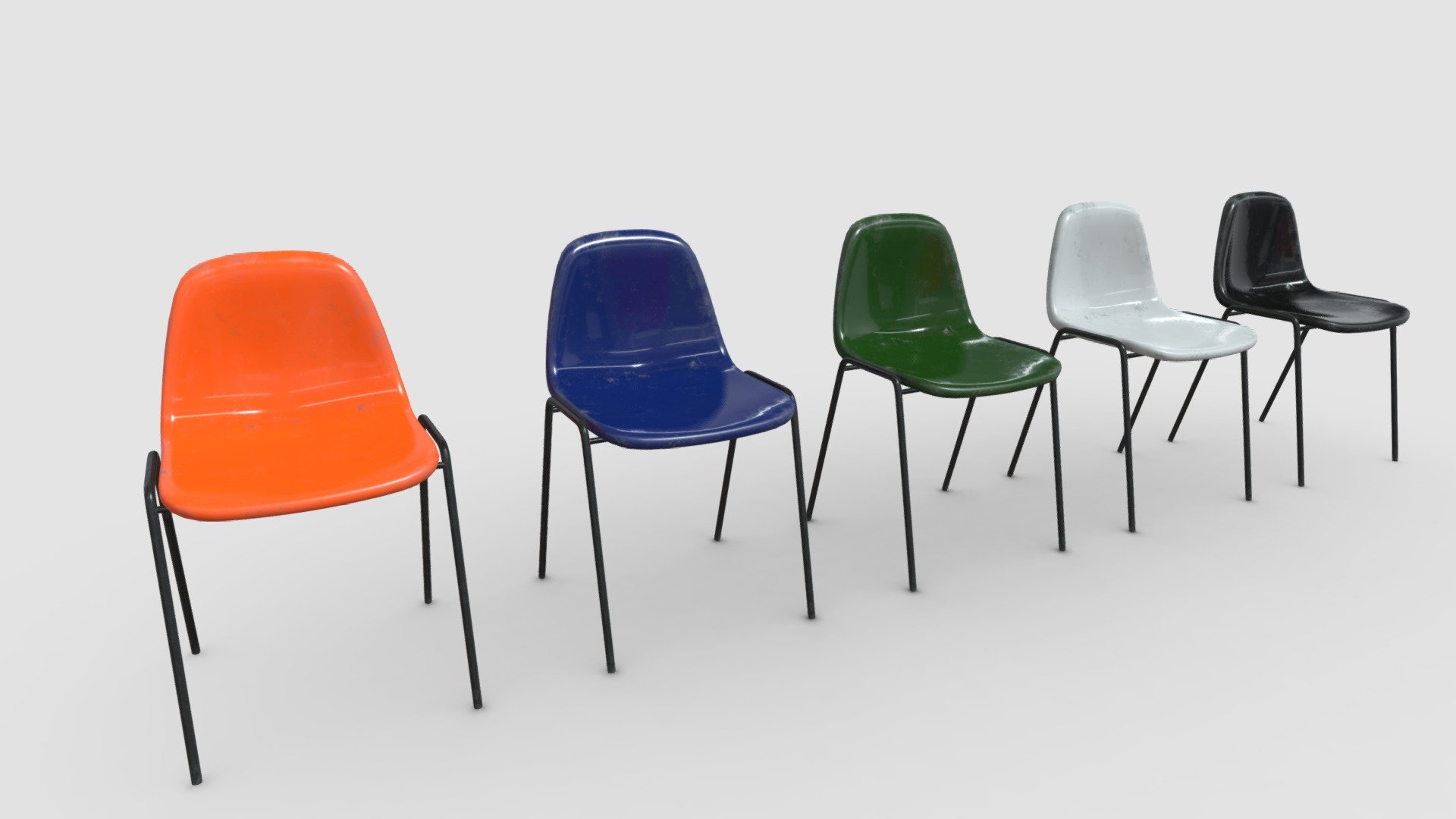 There are 5 color variations of chairs in this pack.




Black

Dark Blue

Green

Light Grey

Orange

Modeled in Blender, UV mapped and textured.

The textures size are 4096x4096.

The actual poly counts (before subdivision):




Verts: 2208

Tris: 4212

You can pm me for adding specific color or request a clean texture without dirt on it.

Thank you so much for your interest and support! - Fiberglass Plastic Chair - Buy Royalty Free 3D model by Strife Lim (Lim Kah Wei) (@strifelim) 3d model
