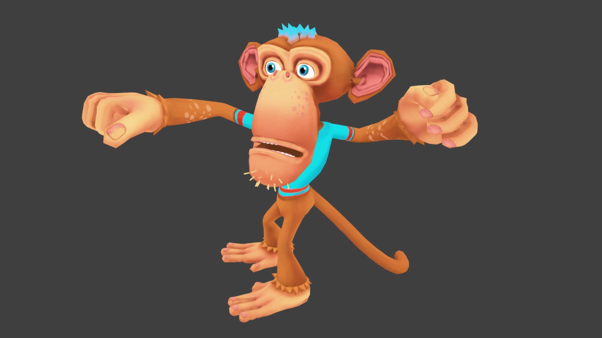 Monkey character for games and animations. The model is game ready and compatible with game engines.

The model is low poly with four texture resolutions 4096x4096, 2048x2048, 1024x1024 &amp; 512x512.

Included Files:


Maya (.ma, .mb) - 2015 - 2019
FBX - 2014 - 2019
OBJ

The package includes 18 Animations which are as follows:


Run
Jump
Leap right
Leap left
Skidding
Roll
Crash &amp; death
Bike ride &amp; fall
Look behind &amp; challenge

The model is fully rigged and can be easily animated in case further animating or modification is required.

The model is game ready at:


14,966 Polygons
14,455 Vertices

The model is UV mapped with non-overlapping UV's. The shadows and lights are baked in the texture, although you can add more lights and shadows for rendering and use it as you please 3d model