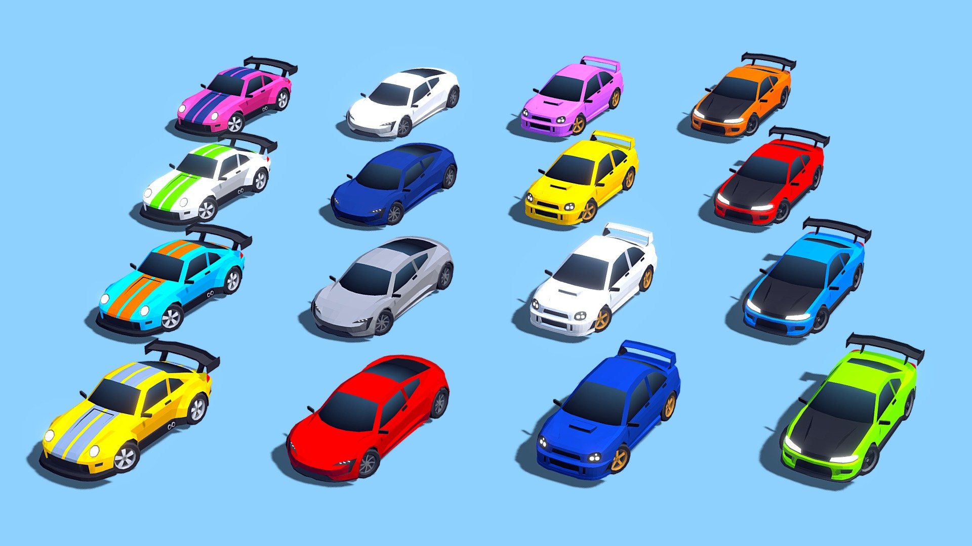 January update (2023.1) of the Low Poly Cars - Mega Pack asset, which is available in the Unity Asset Store.

It includes 4 new cars: Tesla Roadster 2023, Nissan Silvia S15 (Drift), Porsche 911 RUF (Wide) and Subaru WRX STI 2002 (Bug Eye) 3d model