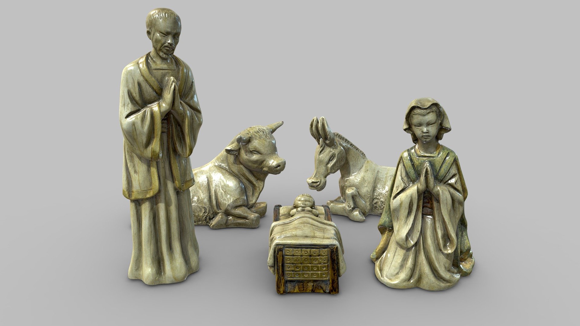 This antique nativity scene belonged to my grandmother. It has no economic value in itself but it has sentimental value for me so I have decided to scan it and make 3D printing copies for my family.

This photogrammetry set is composed by the five typical figurines (Saint Joseph, Mary, Baby Jesus, a donkey and an ox). It is optimized in 3 different versions of polygons (between 20K-80K-300K) and it includes normal, ambient &amp; occlusion and cavity maps.

You can see each figurine with more detail in the following links:


Joseph: https://skfb.ly/6XEtZ
Mary: https://skfb.ly/6XE9n
Baby Jesus: https://skfb.ly/6XEtW
Ox: https://skfb.ly/6XEtS
Donkey: https://skfb.ly/6XEtU

Description:


Year: 60's
Material: Porcelain
Origin: Spain
 - Ceramic Nativity scene Belén Porcelain figurines - Buy Royalty Free 3D model by Ximo Vilaplana (@ximovilaplana) 3d model
