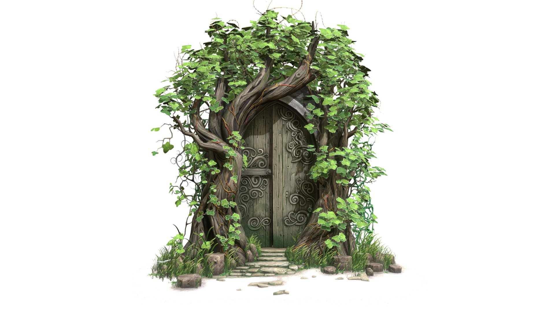 Hello everybody! the model was created for practice in creating a 3D environment. Unfortunately, I made a lot of mistakes at the stage of planning the model, but I decided to leave everything as it is.  I will be glad for criticism and advice. Link original art https://ko-fi.com/i/IO4O6PPG1W - Overgrown Door - 3D model by Dor (@dorogansergiy) 3d model