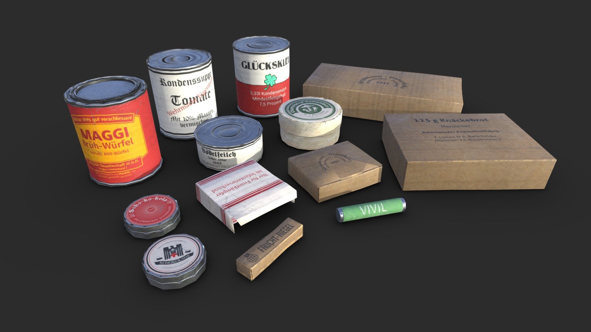 This WWII German ration historic assets pack including 13 individual set with 3 LODs and colliders to get the best optimization and the best quality for the most popular game engines. All elements can easily be positioned together to create a more detailed scene. Also, this pack includes 4 pre-assembled sets to allow you to speed up your assemblies and also to inspire you on the different ways of composing the elements together.

Low-poly model &amp; Blender native 2.90

SPECIFICATIONS




Objects : 13

Polygons : 2104

Subdivision ready : No

Render engine : Eevee (Cycles ready)

GAME SPECS




LODs : Yes (inside FBX for Unity &amp; Unreal)

Numbers of LODs : 3

Collider : Yes

Lightmap UV : No

EXPORTED FORMATS




FBX

Collada

OBJ

TEXTURES




Materials in scene : 1

Textures sizes : 4K

Textures types : Base Color, Metallic, Roughness, Normal (DirectX &amp; OpenGL), Heigh &amp; AO (also Unity &amp; Unreal workflow maps)

Textures format : PNG
 - German Rations WWII - Buy Royalty Free 3D model by KangaroOz 3D (@KangaroOz-3D) 3d model