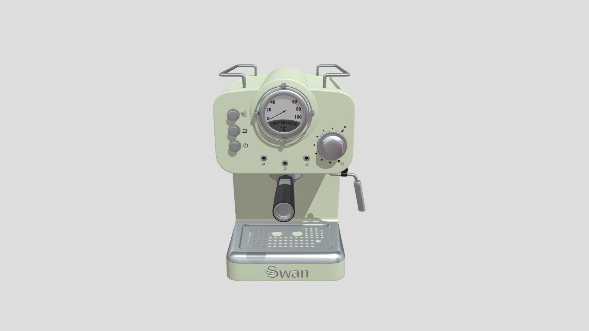 Capacity    1.2 litres
Brand   Swan
Colour  Green
Special feature Steam pressure control, Detachable water tank, 2 cups at once, 15 bars of pressure
Coffee maker type   Espresso Machine - Swan Retro Pump Espresso Coffee Machine - 3D model by kamrul_hasan 3d model