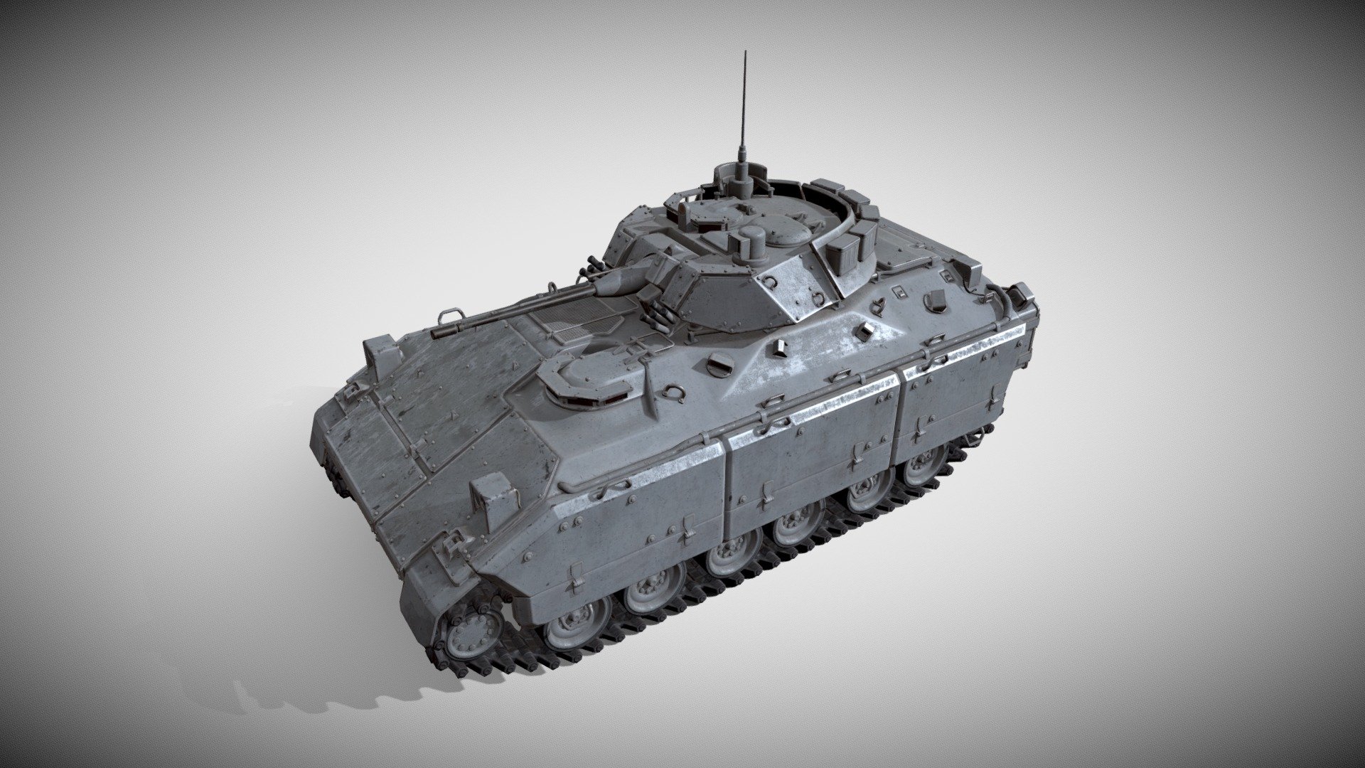 A PBR textured model of APC (Armoured personnel carrier).
- Rear hatch can be opened. Has interior for the troops compartment (in the rear).
- Turret, rear hatch, gun, visor are separate meshes and can be animated.
- Game ready.
- 2 materials
- 2 sets of PBR textures (base color, metalness, normal map, roughness, ambient occlusion, opacity)
- 4K textures for the body. 1K textures for glass (transparent) elements 3d model