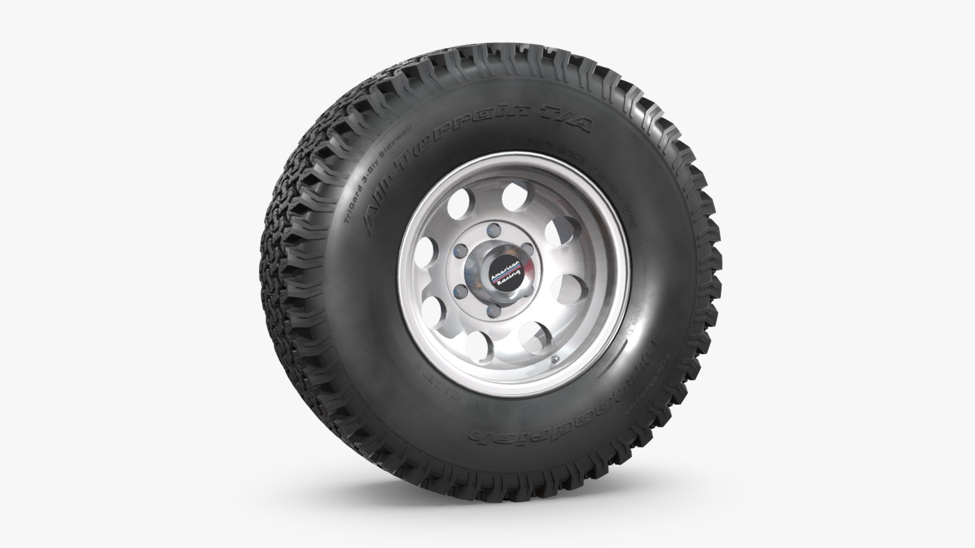 NN 3D store.

3D model of an off road wheel and tire combo.

The model is fully textured and was created with 3DS Max 2016 using the open subdivision modifier which has been left in the stack to adjust the level of detail.

There are also included a Blender format with textures.

Exchange files included: 3DS, FBX and OBJ.

SPECIFICATIONS:

The model has 83.200 polygons.

Scale/transform is set to 100%, units are set to centimeters, texture paths are stripped and and it is made to real world scale.

PRESENTATION:

Product is ready to render out of the box only in 3DSMax.

Lights and cameras are not included.

MATERIALS AND TEXTURES:

All textures are included and mapped in all files but they will render like the preview images only in 3DSMax with V-Ray, the rest of the files might have to be adjusted depending on the software you are using.

JPG textures have 2048 x 2048 resolution 3d model