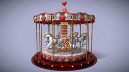 Valentine Carousel Horses scene, minimal, red, heart, studio, valentine, love, pink, horses, mood, carousel, romantic, modeling, 3d, animation