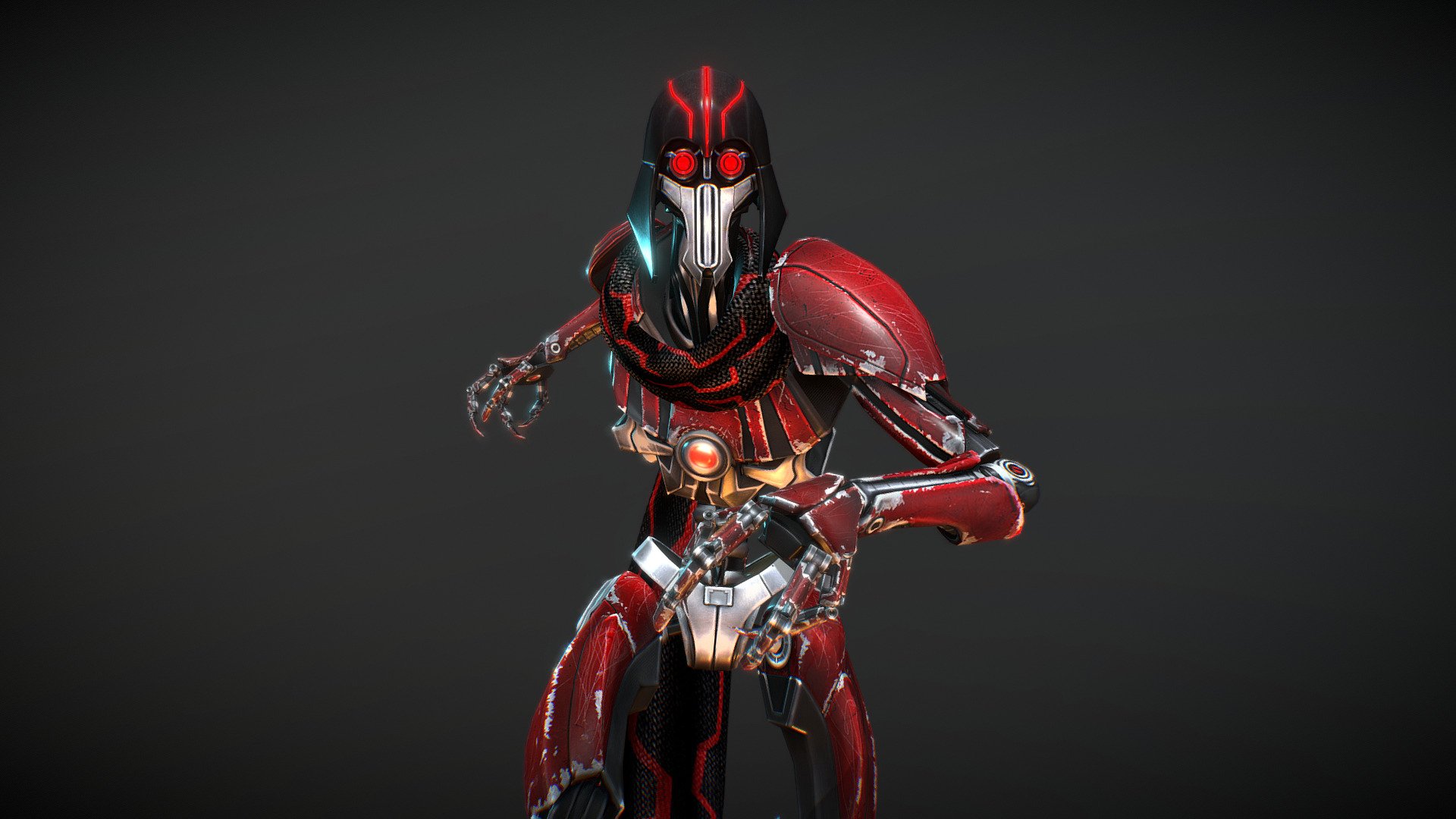 EG-5 droid. The droid appeared to be roughly humanoid in shape, with skeletal features similar to that of Grievous. Its helmeted head contained two red photoreceptors and its body was coated in red color. Its qualities included incredible speed, dexterity, and the ability to wield two lightsabers with perfect form 3d model