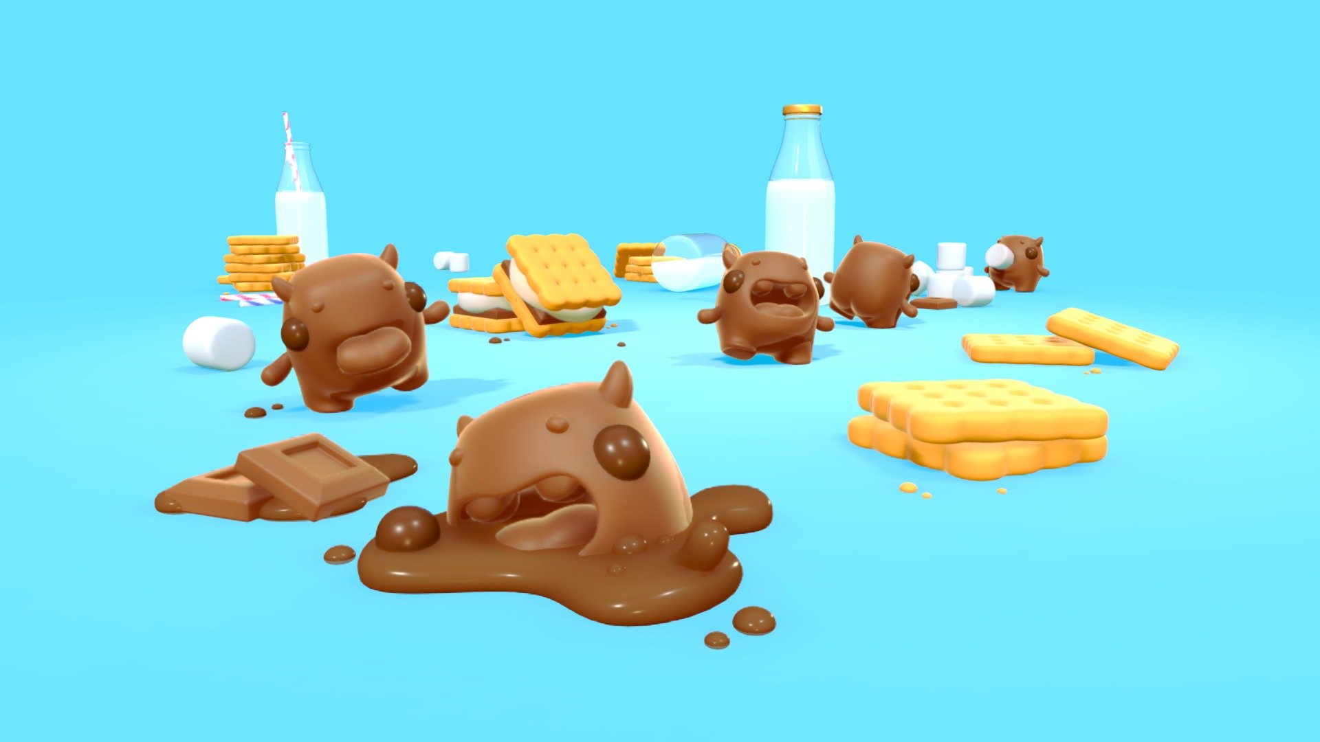 Here's a scene I made for my love of chocolate! The real renders with bonus images are available on my Artstation!
https://www.artstation.com/artwork/WBaPDJ

I'm working on making 3D printed figures of these creatures so stay tuned! - Choco Monsters - 3D model by L3X 3d model