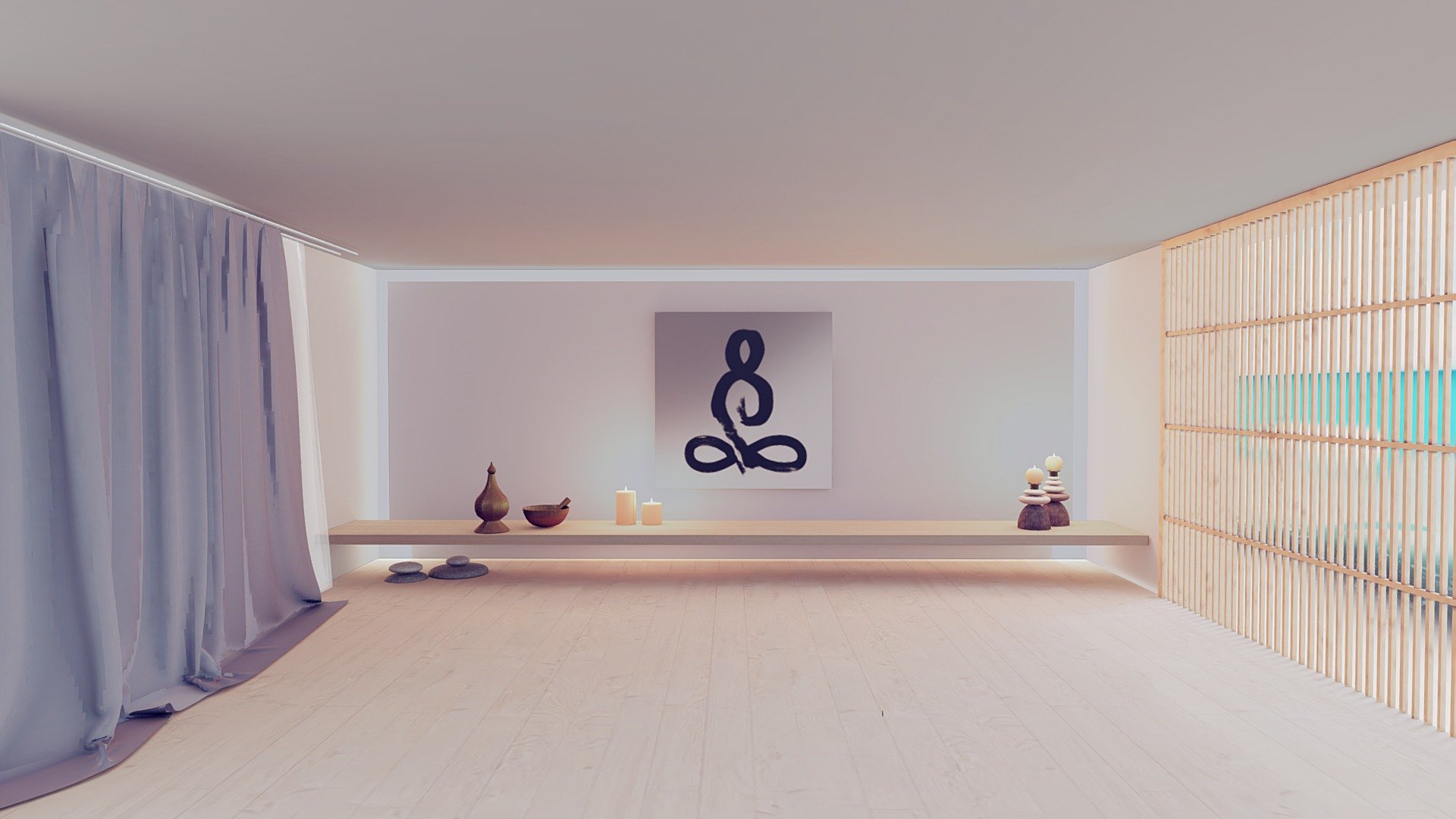 A wide clean peaceful room for yoga practicing. 
This is the environment especially good for meditation.
1. Scaled in real world dimensions
2. Albedo maps baked already - Yoga zen room baked 360 VR - Buy Royalty Free 3D model by ChristyHsu (@ida61xq) 3d model
