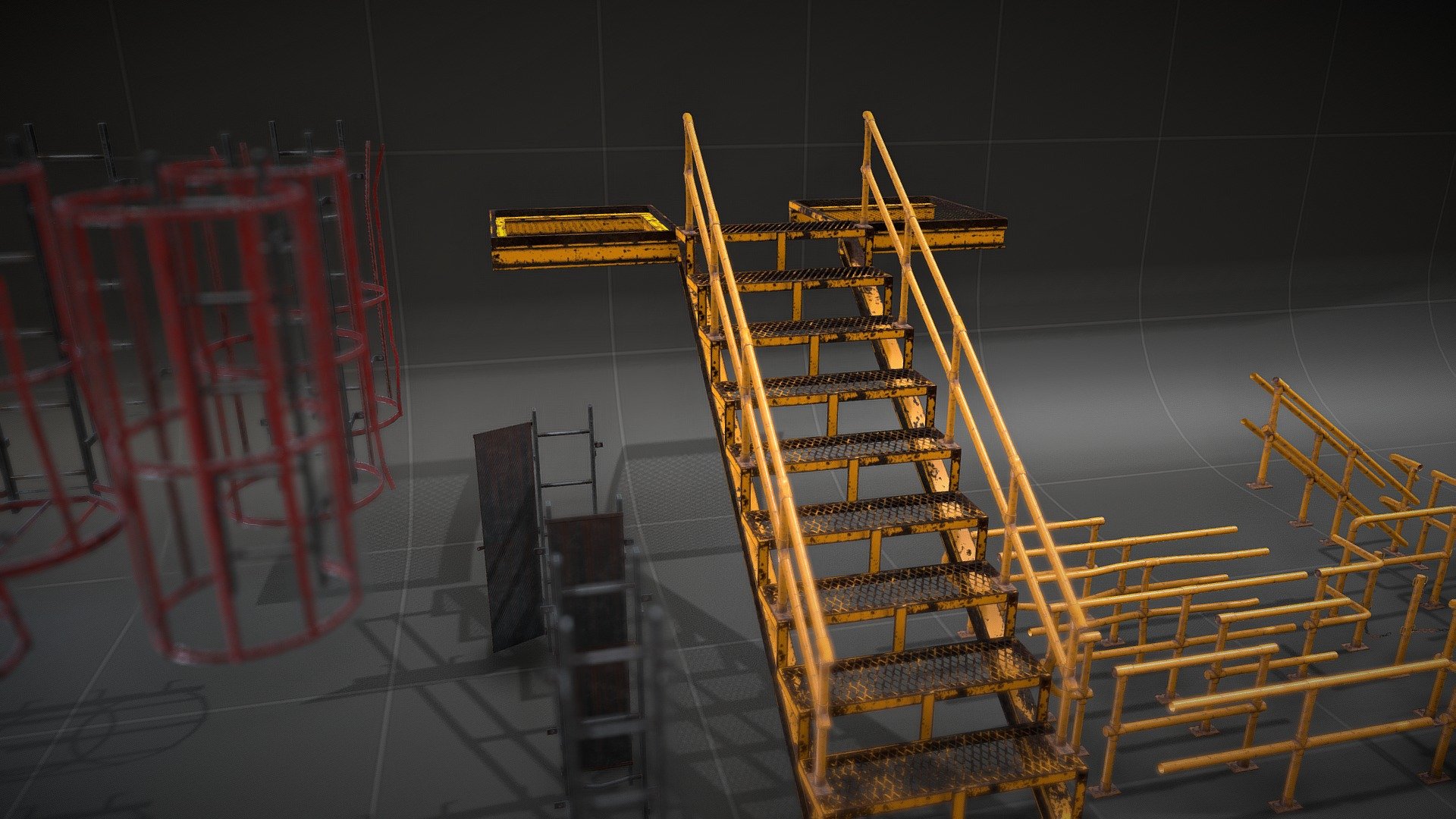 Modular pack for games, ready for unity &amp; unreal
3 pbr material sets of 2k res, with color variation.





44 models




12 ladders 




2 stairs




2 platforms




28 handrails + individual parts









 - Industrial stairs, ladders & handrails - Buy Royalty Free 3D model by 3D_IgnacioArt (@ig.percara) 3d model