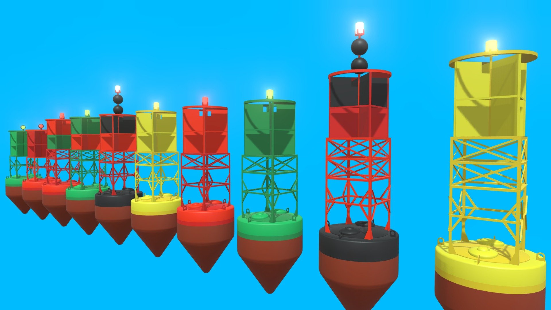 Buoys of various types. Includes port and starboard buoys, isolated danger buoys, port and starboard bifurcation buoys, and a cautionary buoys. Types of buoys can easily be changed by modifying the included colours 3d model