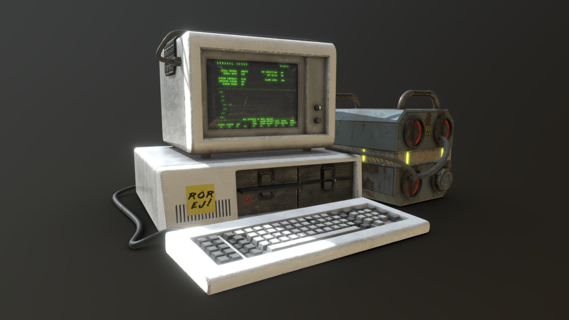 IBM 5150, but with the dystopian cyberpunk upgrade kit.

This model is a part of a small personal scene/enviroment, so optimization wasn't really a priority. That's also why the back side isn't modeled/detailed 3d model