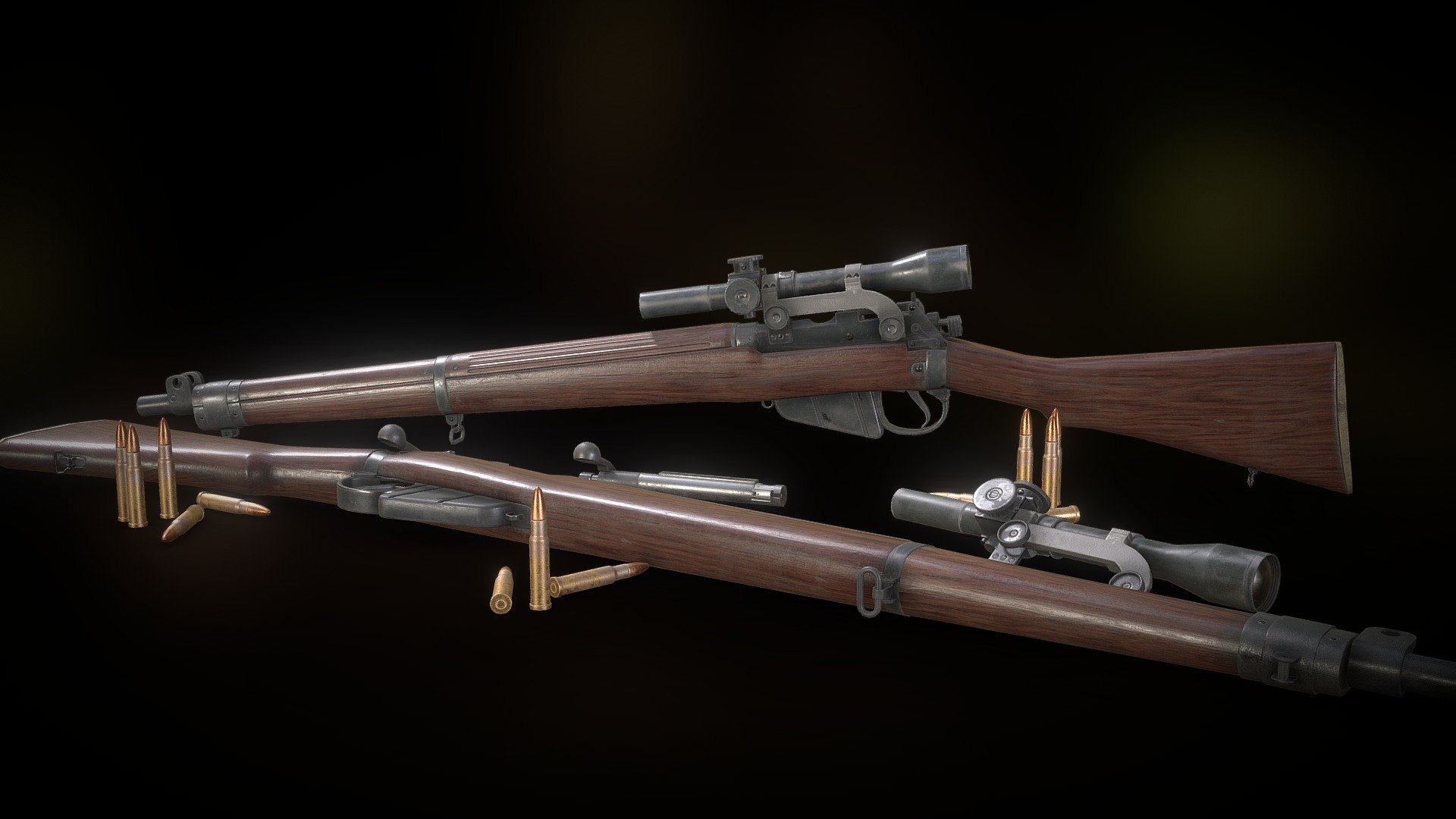 SMLE or short, magazine lee-enfield rifle is bolt action rifle that commonly use during World War 2 by british empire. This game model are purposed for First Person game but suitable for third person game and other.

Model information :




available format : FBX, obj , and blend

Blend format already rigged

FBX and obj already in separated part for rigging

rifle (6,90cm X 108cm x 20,80cm) (4117 verts, 7435 Tris)

scope (5,62cm X 28,6cm x 8,38cm) (1872 verts, 3228 Tris)

texture size: rifle(4096x4096), scope(2048x2948)

Overlapping/mirror UV in back stock, trigger, and some part

pbr base(metal), cryengine, unreal engine, and unity texture in texture file /folder

TIP :
The model may appear more shiny in some render engine, tweak the roughness map for fix it. For best result (like in the image) set roughness to noncolourdata /uncheck Srgb in your render engine or increase the roughness by multiply it by 1,5 to 2 - SMLE-MK4 / Lee-Enfield no.4 rifle - Buy Royalty Free 3D model by Michael Karel (@michaelkarel) 3d model