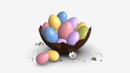 Easter Eggs in Chocolate Basket Composition food, basket, egg, spring, easter, candy, chocolate, holiday, traditional, colorful, celebration, festive, confectionery, 3d, pbr, design, decoration