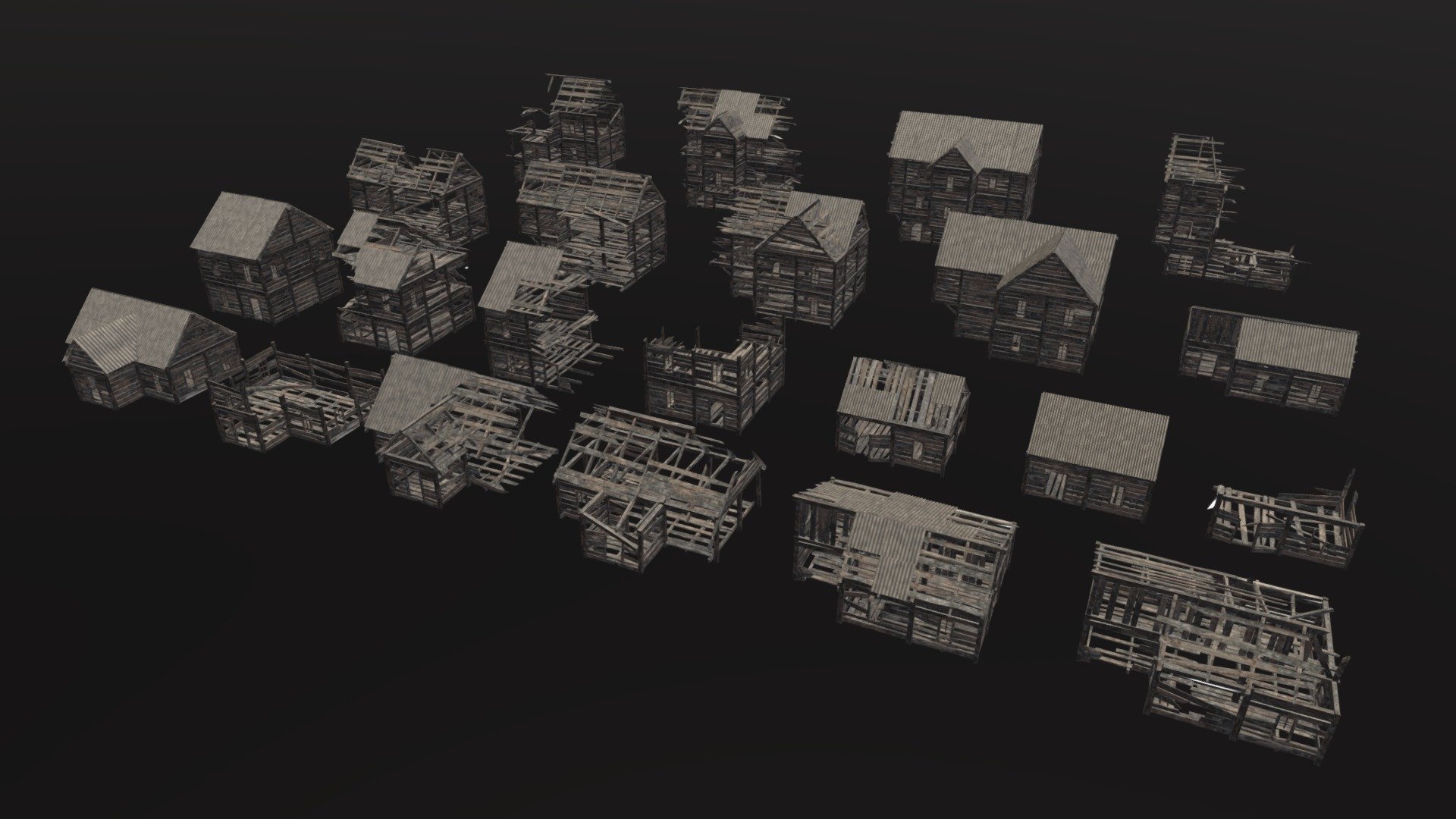 Purchase: https://www.artstation.com/a/36579139

This modular set allows you to create post-apocalyptic or post-war scenes of cities. Includes 22 Burned Wooden buildings and basic parts.

You can easily change the position of buildings or copy them to create a larger city. 

Designed to be modifiable. All materials, textures, and sample scene are included in the package. 

The buildings are worked out on both sides. 

It’s readily available to import in Unity3D and UE5 

4 PBR materials 2048x2048, 27 Textures

Polygon count 155 000 Polygons, 176 000 Vertices 

Included 3D formats: fbx, obj, blend, dae - Burned Wooden Buildings - 3D model by Crazy_8 (@korboleevd) 3d model
