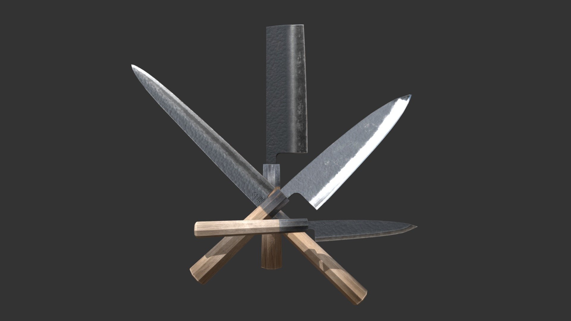 A set of Japanese chef knives. This set contains a Yanagi knife (the long one), a Santoku knife (the normal sized one), a Paring knife (the small one), and an Usuba knife (the cleaver one). Each knife has a hammered Kurouchi finish. A rustic style where only the edge is finished.

Models were made in Blender, and textured in Substance Painter 3d model
