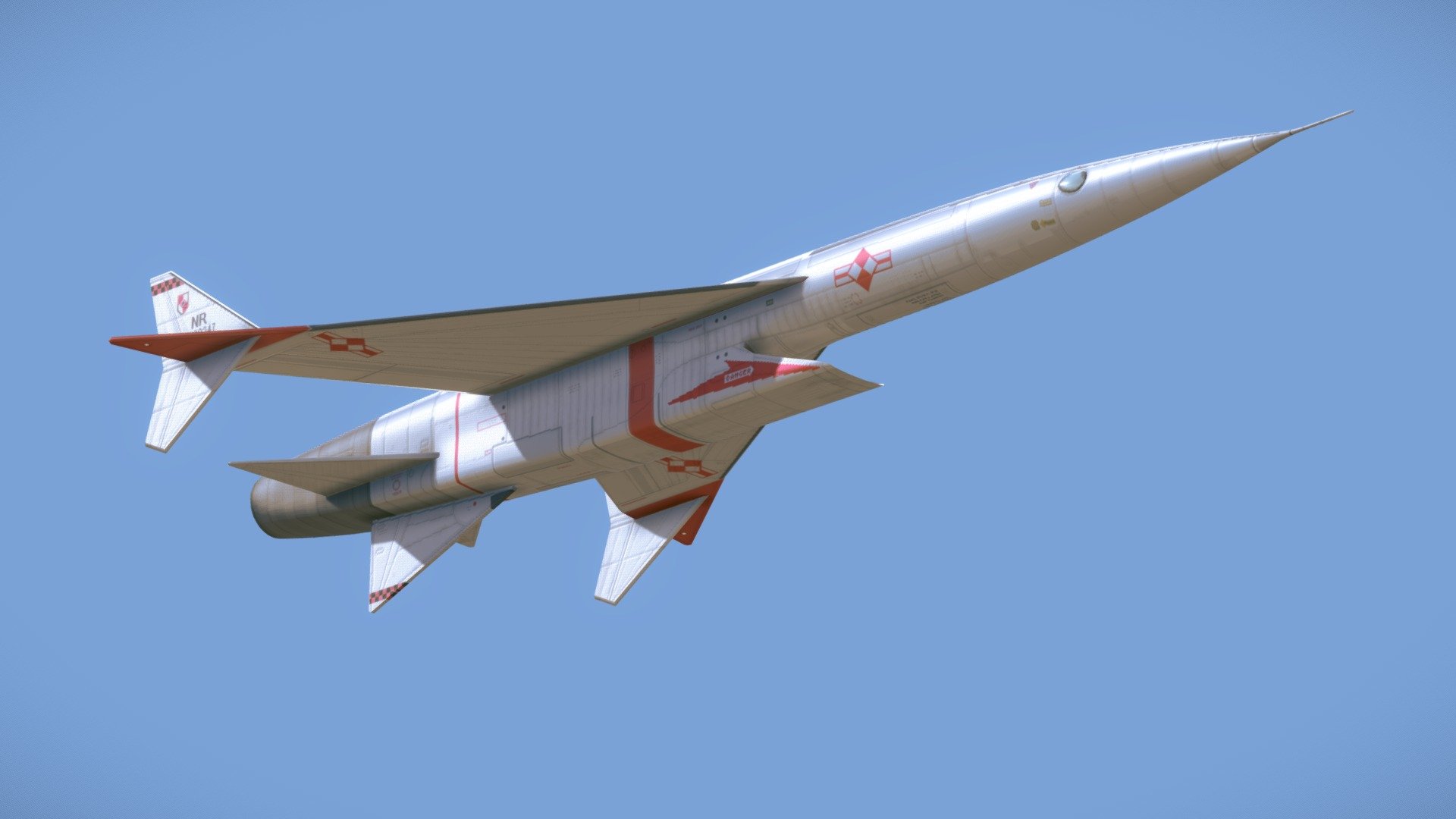 Fictional design of a Mach 3+ supersonic cold war interceptor, designed as a response to a rival nation’s fleet of supposed atom bombers. Rapid take-off is achieved with JATO bottle rockets and weapons are stored internally. A deployable periscope is used during landing and takeoff for better aerodynamics.

Inspired originally by the unbuilt Republic Aviation XF-103 “Thunderwarrior” interceptor and several cold-war era cruise missiles 3d model