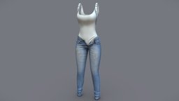 Female Unbuttoned Ripped Denim And Bodysuit body, suit, white, , fashion, girls, clothes, pants, with, straps, jeans, womens, torn, shoulder, ripped, wear, bodysuit, denim, pbr, low, poly, female, unbuttoned