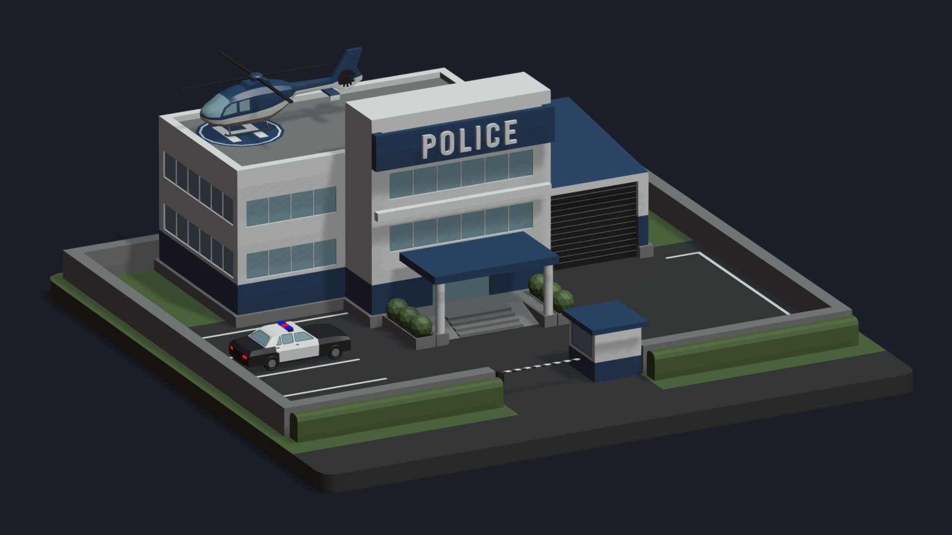 Hello everyone !

I am pleased to present this police station that will blend into any decor of this style ! You can integrate this 3d model into all your games or animations and create a unique decor of which only you have the secret ! This pack contains:

Police station
Cabin
Automatic gantry
Police car
Helicopter
Bushes
Hedges
Fences ( Wheels and propellers can rotate ) In fact, everything you see in the images above. Let yourself be carried away by your imagination ! Enjoy !

Made with blender - Police Station - Buy Royalty Free 3D model by ApprenticeRaccoon 3d model