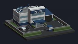 Police Station office, police, fence, wheel, exterior, cabin, propeller, station, bush, civic, headquarters, hedge, municipal, vehicle, lowpoly, car, city, helicopter