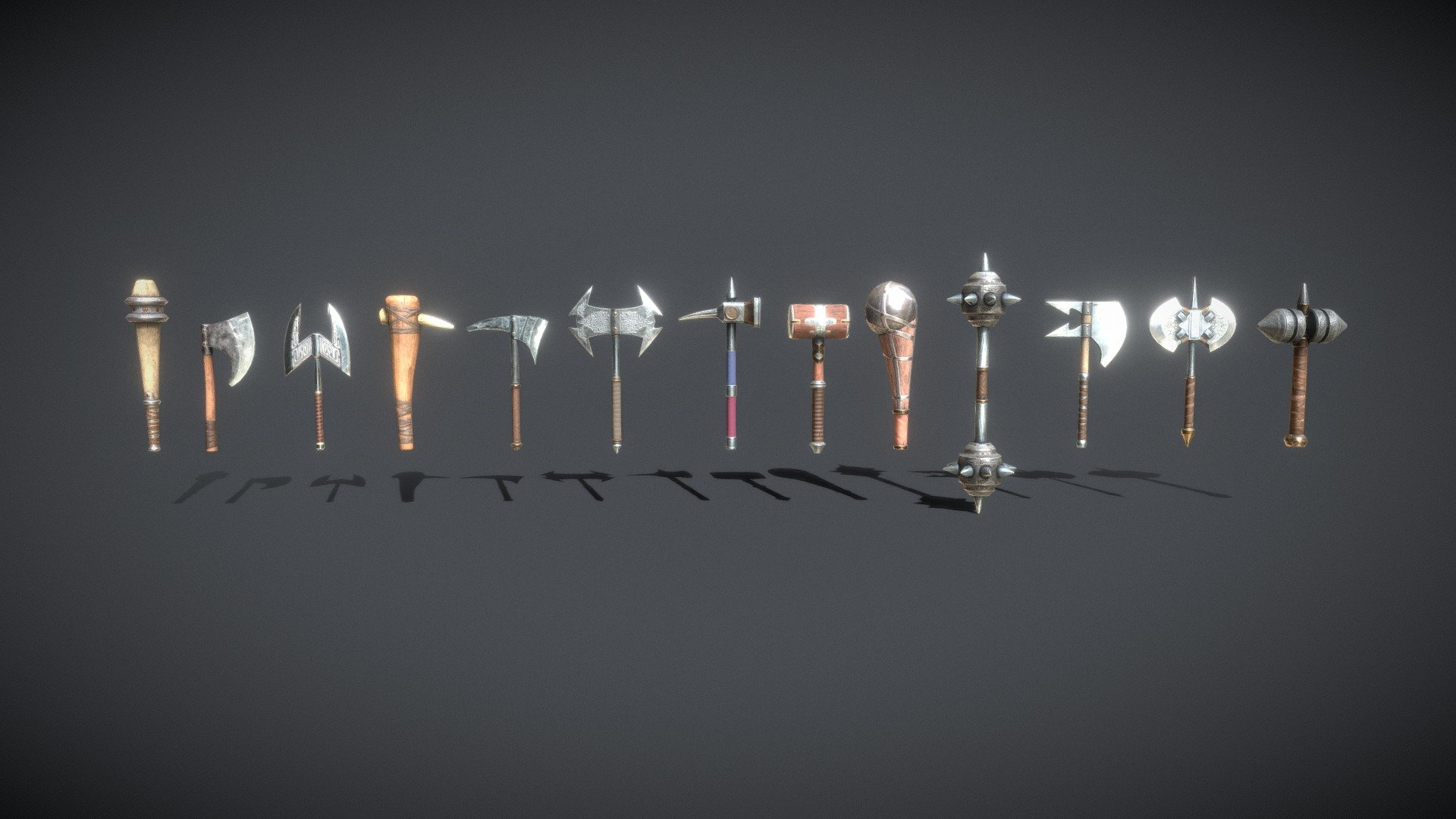 One-handed axes, hammers and clubs in excellent quality!

the set contains 13 objects.

Each object has PBR textures with a resolution of 2048x2048

The total number of triangles is 12246

SM_Axe - 540 tris

SM_Biting axe - 796 tris

SM_Club - 744 tris

SM_Combat axe - 1416 tris

SM_Doom hammer - 1128 tris

SM_Double mace - 2080 tris

SM_Great hammer - 748 tris

SM_Heavy club - 536 tris

SM_Killer axe - 732 tris

SM_Sharp axe - 804 tris

SM_Spiked club - 460 tris

SM_War axe - 1248 tris

SM_War hammer - 978 tris

Archives with textures contain:

PNG textures - base color, metallic, normal, roughness

Texturing Unity (Metallic Smoothness) - AlbedoTransparency, MetallicSmoothness, Normal

Texturing Unreal Engine - BaseColor, Normal, OcclusionRoughnessMetallic - Dwarf set - 3D model by zilbeerman 3d model