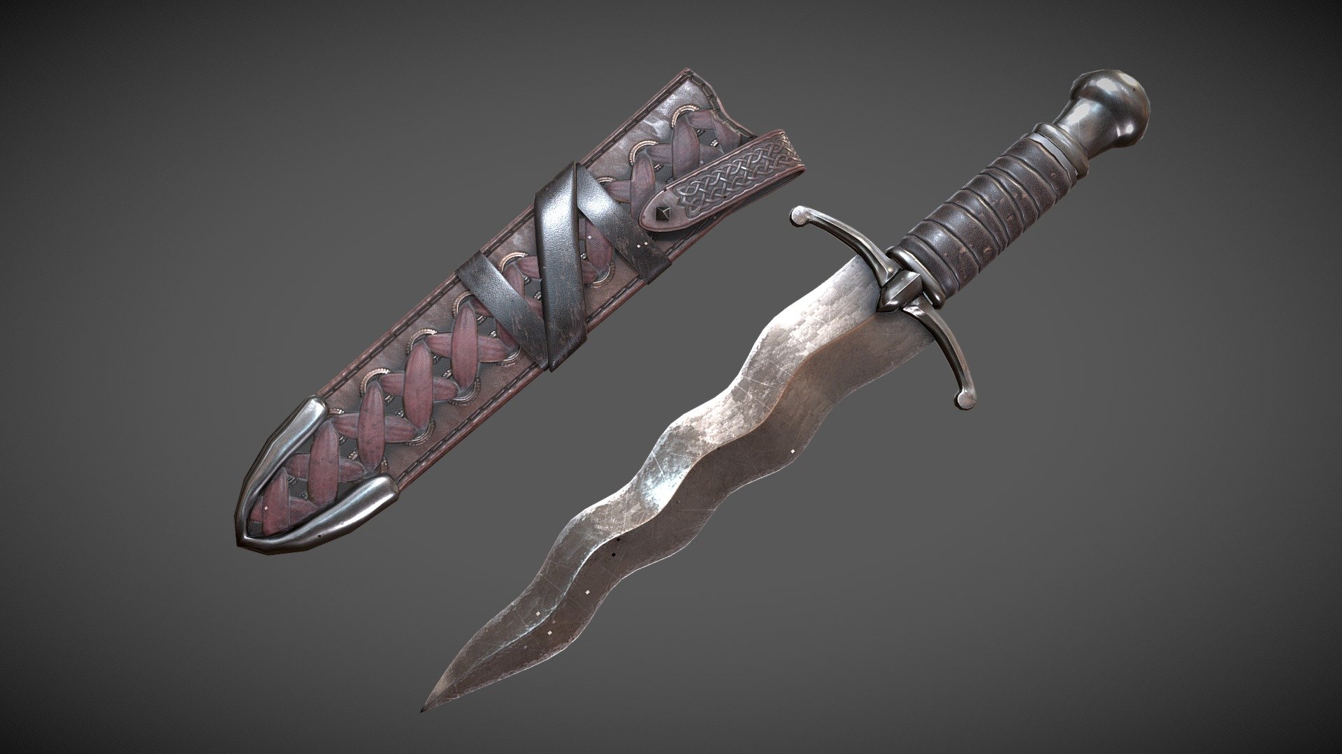 2022/01/15: A weird glitch causing the roughness to turn mosaic on the viewer but fine in the 3D setting&hellip;It's not half-bad looking so I guess I'll keep it for now.

A simple serpentine dagger from a previous project.

The dagger is ceremonial, thus made of bronze rather than steel.

Scabbard reinforced with copper rings and textiles, coupled with black leather strap.

It's an overly decorated dagger, indicates its owner's compassion for it 3d model