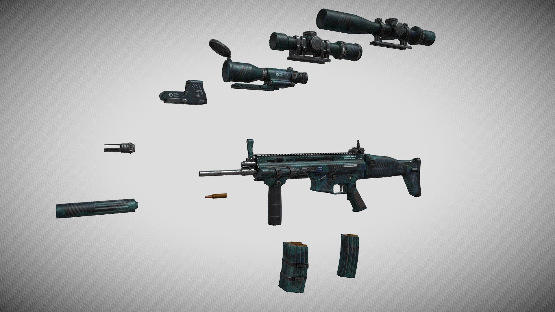 Main color: https://sketchfab.com/3d-models/scar-fn-lowpoly-main-color-7a48ab4054e44b568272ebcaff881231 Dragon skin: https://skfb.ly/6TsBQ Fire skin: https://skfb.ly/6TsDO Pirate skin: Winter skin: https://skfb.ly/6TsHw

Game Ready Scar FN mesh this package comes with: Weapon and 5 Scopes - Holographic sight - 4x scope - 8x scope - 16x scope - sight 1 Muzzle 1 Silencer 1 Flashlight 1 Grip 2 Magazines(single and double)

Textures: BaseColor Roughness Height Normal AO Metallic

All textures 4096 x 4096

Next gen model 3d model