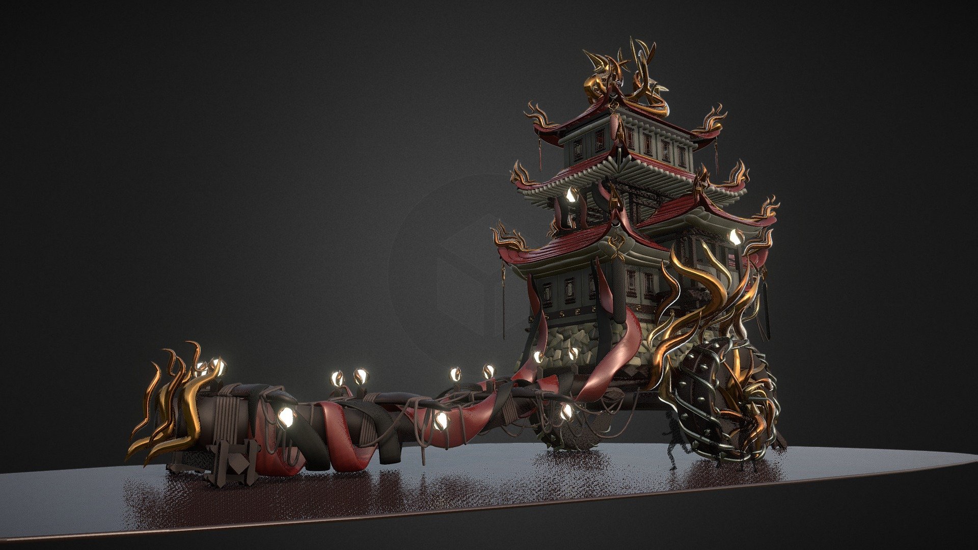 Update | Made it purchasable at the lowest possible price on Sketchfab | *Get the Free Sample to check out the type of file you will get*

Block out model (not prod ready) of prop n°3 for an Artstation Challenge - Gosho Guruma - Great Oxen Cart.
Made entirely in VR using Gravity Sketch and the Oculus Rift. Very quickly cleaned up and prepared in Blender for Sketchfab export.

My entry for the contest if you are interested in the full story https://www.artstation.com/contests/feudal-japan/challenges/57/submissions/33139?sorting=survivors

This immense cart belongs to Lady Nō of the Oda clan. She has been burned badly by her late husband and former Daimyo Oda Nobunaga and decided to take her revenge, kill him and take his place as leader. Her mobile outpost reflects her alignment with the Yokai spirit Katawaguruma - A cart wheel on fire with a burned woman coming out from behind the flames. It inspire fear on whomever lay eyes on the cart 3d model