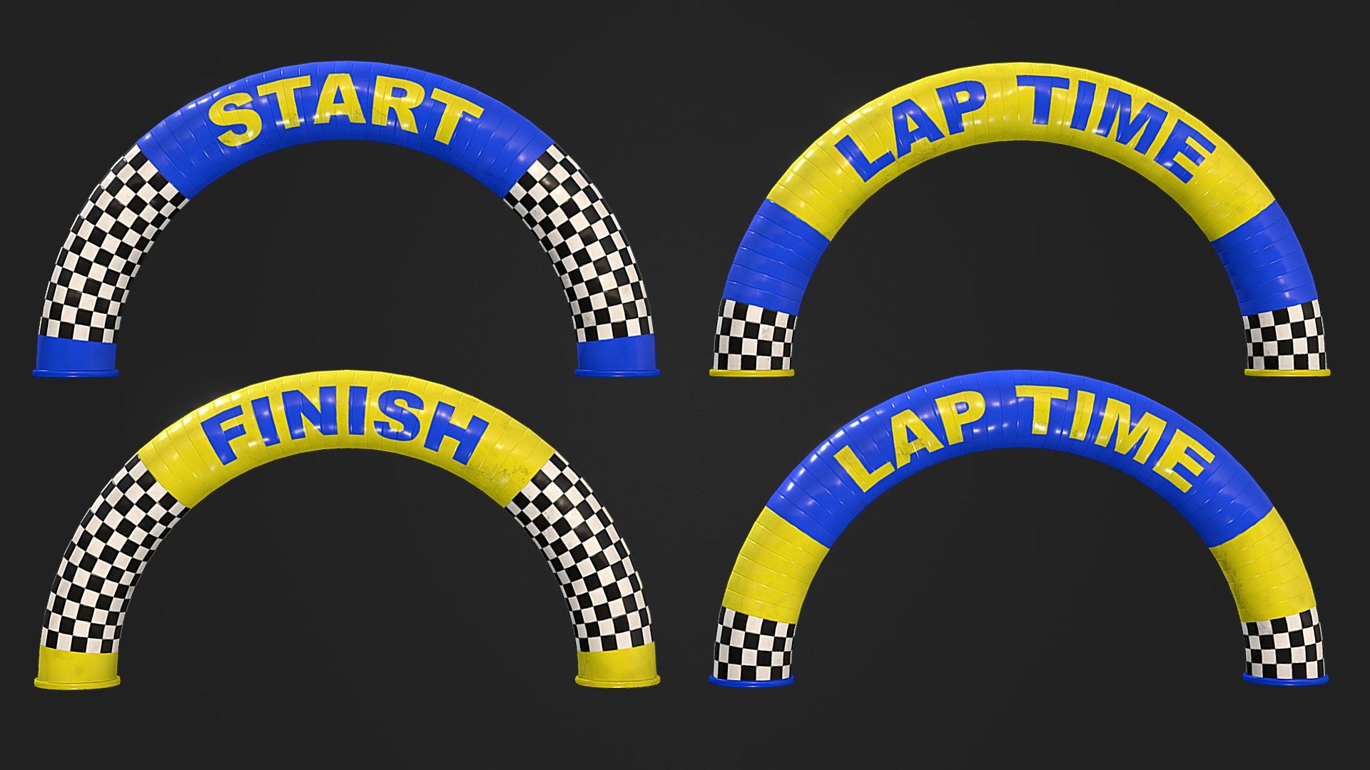 Realtime optimized, low poly race arch pack 1 - starter kit. Included is an infantable half circle race arch made in real world scale meters: width 16,23 m, height 8,165 m, depth 2,192 m. Asset´s quality is at least fully sufficiant for third person cameras. Triangle count for each low poly arch is 1584 tris. Arch is non-overlapping unwrapped and each variant shares the same PBR textures and all 4 x arches share just 2 x base maps. Attachmet contains 8 PBR specular workflow ready textures in native 2048 x 2048 px including normal DX and normal GL maps and AO with and without floor occlusion. Included files are .max (native 2022), .fbx, .obj, .dae, .3ds. View the complete Low Poly Race Arch collection here: https://skfb.ly/oRLYL - Low Poly Race Arch Pack 1 - Starter Kit - Buy Royalty Free 3D model by cgamp 3d model