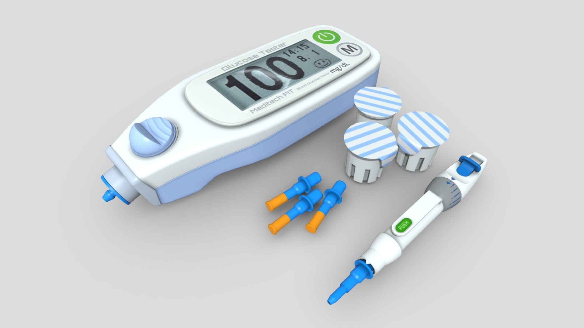 Glucose Meter 3D Model by ChakkitPP.




This model was developed in Blender 2.90.1

Unwrapped Non-overlapping and UV Mapping

Beveled Smooth Edges, No Subdivision modifier.


No Plugins used.




High Quality 3D Model.



High Resolution Textures.

Object Detail :




Glucose Meter Polygons 2927 / Vertices 3015

Glucose Test TIP Polygons 819 / Vertices 878

Blood Lancet Polygons 1564 / Vertices 1608

Lancing device Polygons 3888 / Vertices 4037

Textures Detail :




2K PBR textures : Base Color / Height / Metallic / Normal / Roughness / AO

File Includes : 




fbx, obj / mtl, stl, blend
 - Glucose Meter - Buy Royalty Free 3D model by ChakkitPP 3d model