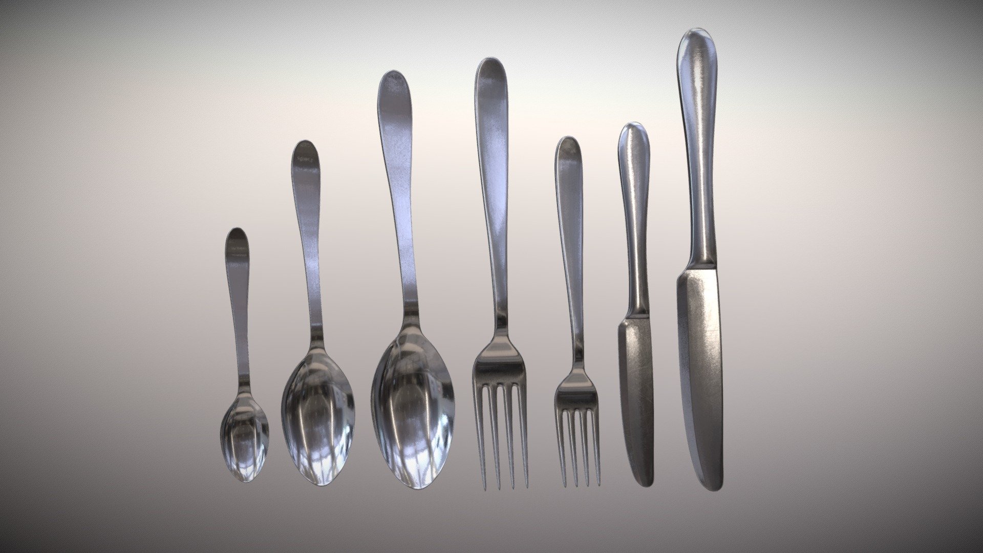 Check cutlery collection: https://skfb.ly/oBpuZ

[Zip File - Separated files]

Collection Information:




Objects: dessert fork, dinner fork, dessert knife, dinner knife, teaspoon, dessert spoon, soup spoon

Mesh Information:




Subdivision-ready model

Fork Subdivision 0: 572 faces, 1144 tris

Knife Subdivision 0: 480 faces, 960 tris

Spoon Subdivision 0: 548 faces, 1096 tris

UV unwrapped

Texture Information:




Texture size: 1024x1024, 2048x2048

BaseColor

Metallic

Roughness

Normal OpenGL and DirectX

PNG format

Formats include: 




.obj

.fbx

.blend

Render: Blender 3.3.1 Cycles

HDRI from: polyhaven.com

~ If you have questions or problems, please feel free to contact me 3d model