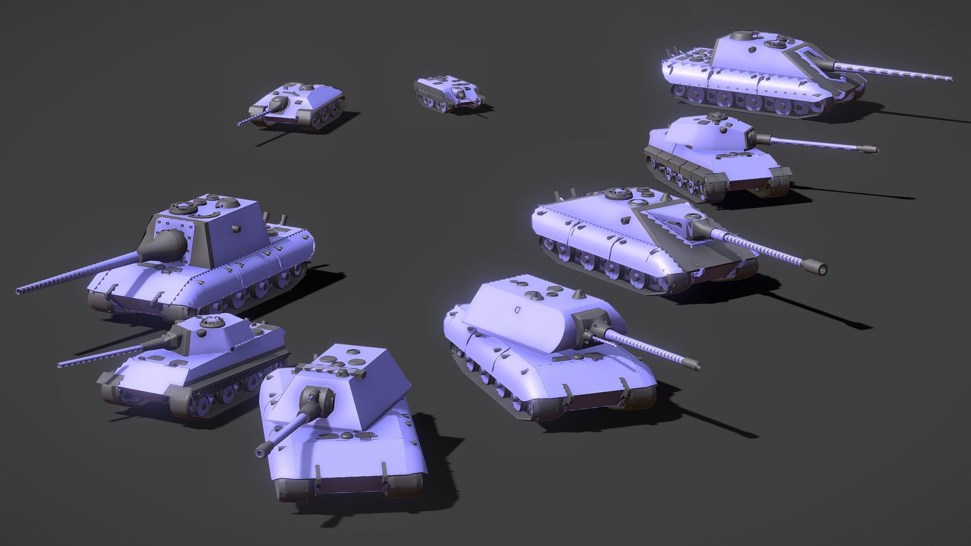 Finished the E series of tanks for my game; now to get them working and moving, next month will be the VK series. My whole plan is to be more on the arcade side of tank game; it will have all tanks that were in WWII, designs that didn’t get produced, and a few interpretations/made up to fill in gaps if needed 3d model