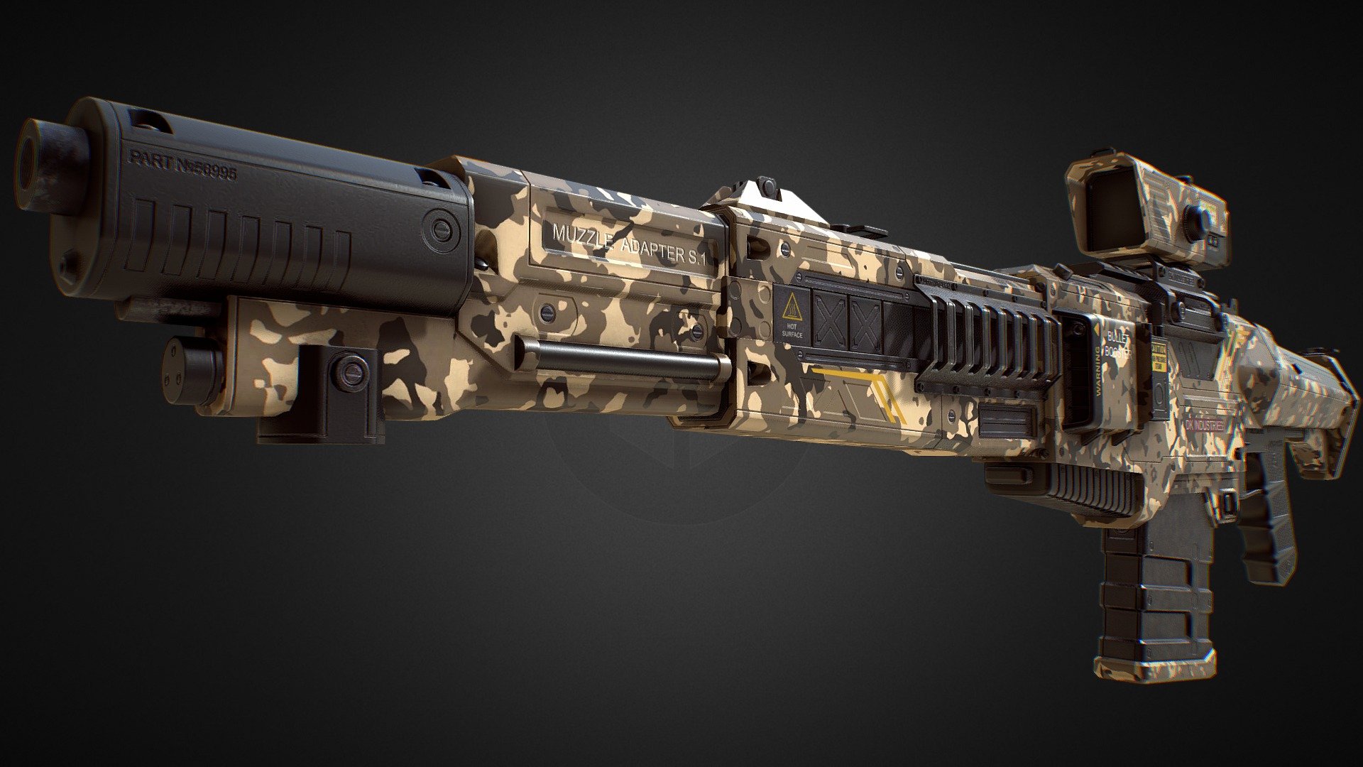 PBR Modular Assault Rifle from Sci-Fi weapon pack 
Unity Assetstore:   PBR SciFi Weapons v2
CG trader:   PBR SciFi Weapons v2
With movable parts and hires textures - PBR Assault Rifle (Cammo Skin 2) - 3D model by Dmitrii_Kutsenko (@Dmitrii_Kutcenko) 3d model