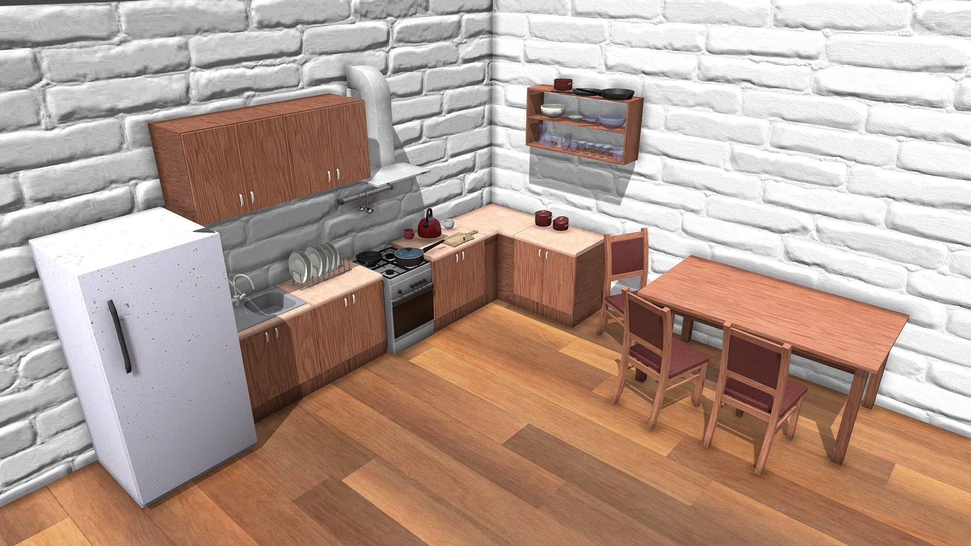 Package includes 37 Low-Poly models of kitchen stuff that you can use in your project.

Models are around 1K Verts and 2K Tris

Textures: 1024x1024 Albedo, Metallic and Normal maps.

Additional file contains:

* .FBX

* .3DS

* .BLEND

* .DAE

* .OBJ

* .STL

* Furniture Textures

* Kitchenware Textures
 - Kitchen Scene - Kitchen Pack v2 - Buy Royalty Free 3D model by TessaraOxygen (@19vladis97) 3d model