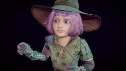 Witch girl realtime cute, child, high-poly, woman, smile, magician, stamp, stilized, girl-model, clothing-design, purplehair, character, girl, cartoon, 3d, blender, witch, halloween, rigged, magic