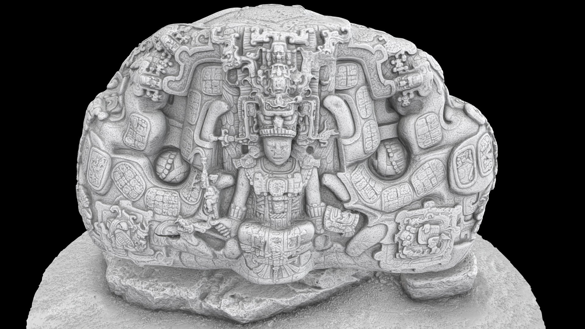 This ornately carved sandstone monument, said to weigh 20 tons and standing 2 meters high, is at the Archaeological Park and Ruins of Quiriguá, an inscribed UNESCO World Heritage Site in the Department of Izabal, Guatemala. The piece was 3D laser scanned in 2019 during our extensive documentation survey at the site by our USF Libraries DHHC team. We utilized structured light scanners at various sub-millimetric resolutions on this monument. Besides the rich iconography carved on this ceremonial throne, the text in the cartouches describe the founding of the Quiriguá dynasty (see also Matthew Looper's Quirigua: A Guide to an Ancient Maya City, 2007 for discussion and additional references). For more on our project: [https://dhhc.lib.usf.edu/project/the-quirigua-3d-project/]. Project in collaboration with Oswaldo Gomez, Administrador at Parque Arqueológico Quiriguá 3d model