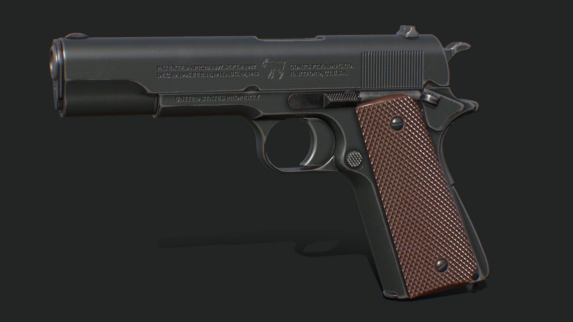 A 1911 pistol. Manufacturer name and logo made up.

Separate Parts parented to the frame include: Trigger, Hammer, Magazine, Slide lock, Safety, Magazine Release, Barrel.

Also includes a .45 cartridge with the shell and bullet as separate objects - 1911 Pistol - Buy Royalty Free 3D model by Firewarden 3d model