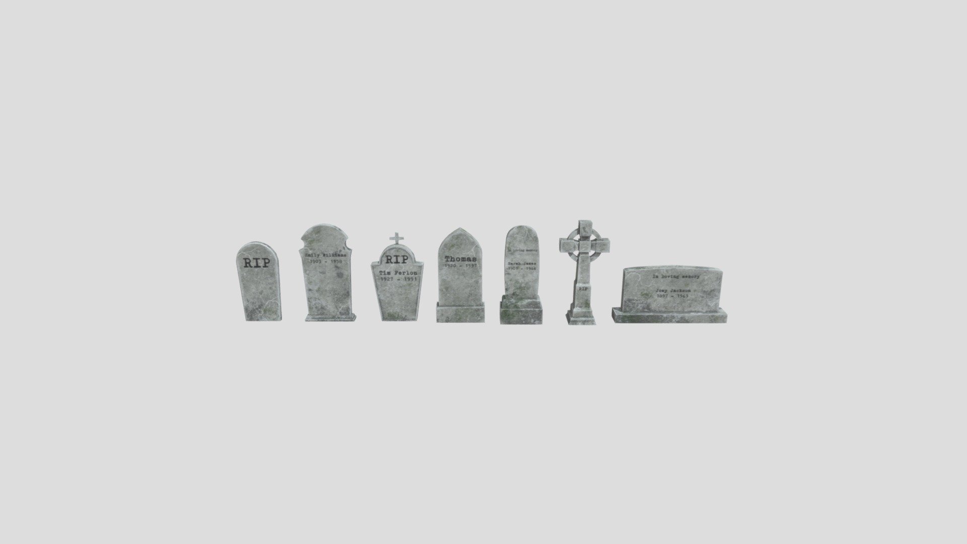 Low Poly Tombstone Pack Includes:

7 Tombstone Meshes
4 Texture Files (4K with Text, 4K without Text, 8K with Text, 8K without Text)
All the meshes share one UV Map and have been unwrapped for future texturing if that interests you 3d model