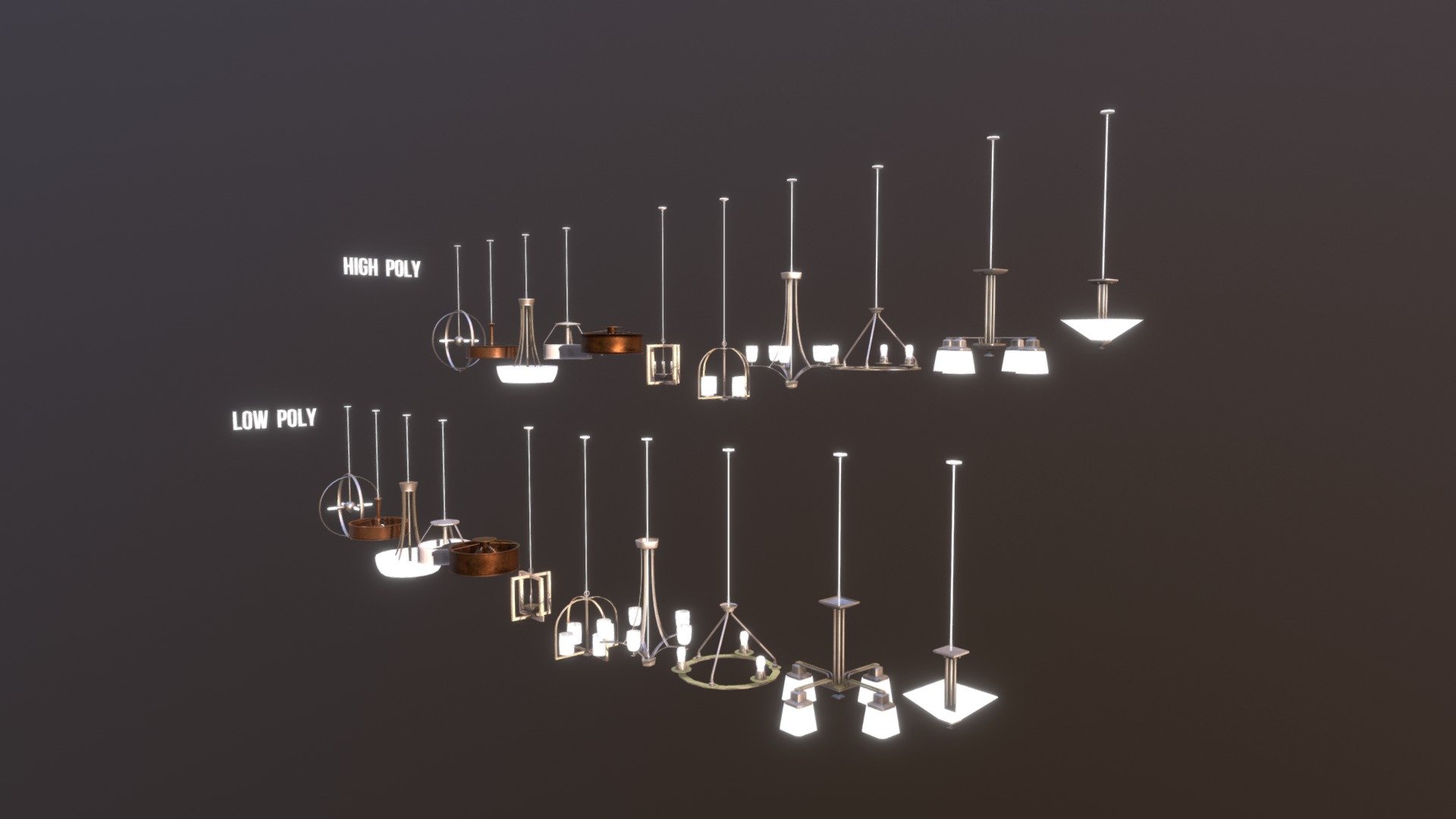 Eleven modern chandeliers! These are all very contemporary designs that still wouldn't feel out of place in a more modern house design. The low-poly assets would work wonderfully in a realtime engine while the high-poly assets would be perfect for a photo-realistic render! 

These do not share a single texture sheet, but they are properly unwrapped if you eventually need to add them to a sheet with other objects 3d model