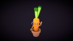 Cute Carrot Sidekick pot, carrot, glasses, vegetable, substancepainter, cartoon, game, blender, lowpoly, animation, stylized, animated, anime, gameready