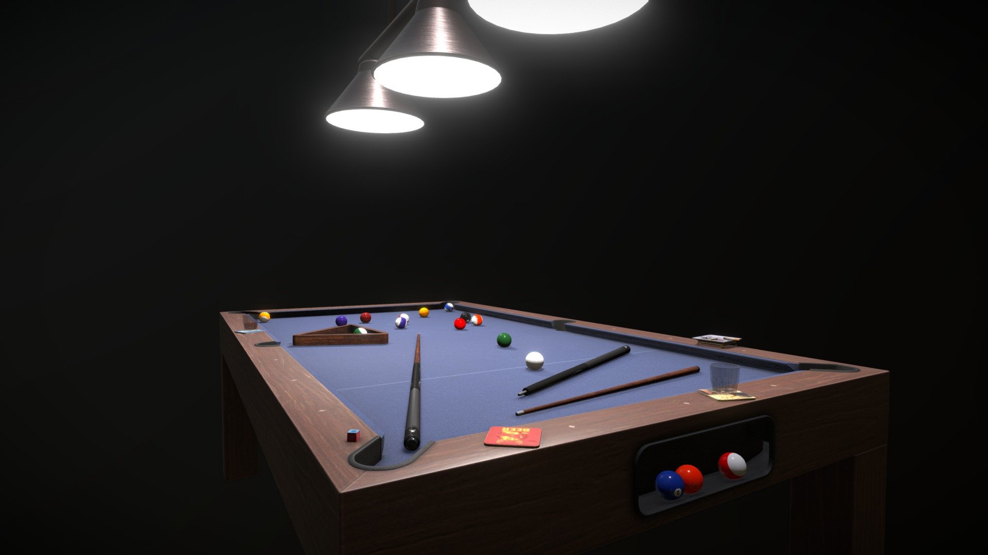 -Info: Pool table set. Includes: Table; Balls x16; Cue; Disassembled cue; Cue chalk; Wooden triangle; Empty glass; Full glass; Coasters x3; Ash tray; Lights.

-Demo: In-engine UE4 screenshot of this asset can be viewed here: Click here

-Type: Game Assets; Low-poly assets; Hero prop.

-Lightmaps: Yes

-LOD's: No

-Workflow: PBR

-Additinal info: Archive includes original .PSD texture files and meshes in .FBX file format 3d model